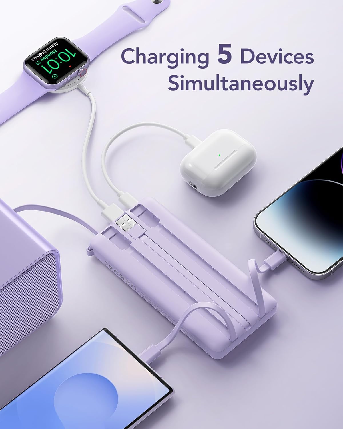 VRURC Portable Charger Power Bank, USB C Battery Pack 10000mAh, Flight-Safe Travel Essentials, 5 Outputs 2 Inputs Slim Phone Charging Bank Built-in Cables for Multi Devices-Lavender(1 Pack)