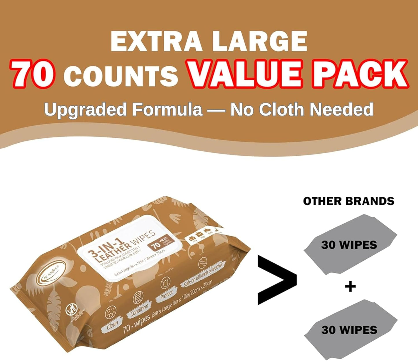 Air Jungles 3in1 Leather Cleaner Wipes 70 Count, Extra Large 8" x 10" Size, Clean Condition Protect Wipes for Vinyl and Leather Apparel Furniture Auto Car Interior Shoes Boots Bags