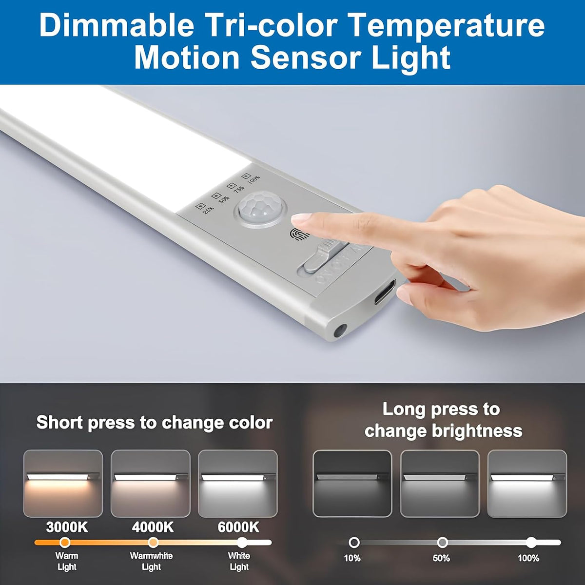 10 Inch Under Cabinet Lighting, 3 Color Motion Sensor Light 2 Pack