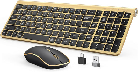 JOYACCESS Black Gold Wireless Keyboard Mouse Combo,Ergonomic Cordless Keyboard with Adjustable Tilt,Comfortable and Quiet Mouse for Laptop,Computer,PC