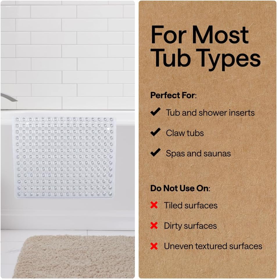 GORILLA GRIP Patented Bath Tub Shower Mat, Machine Washable Bathtub Floor Liner Mats, Suction Cups and Drain Holes to Keep Tubs Clean, Soft on Feet, Bathroom Essentials, 35x16 Inch, Clear