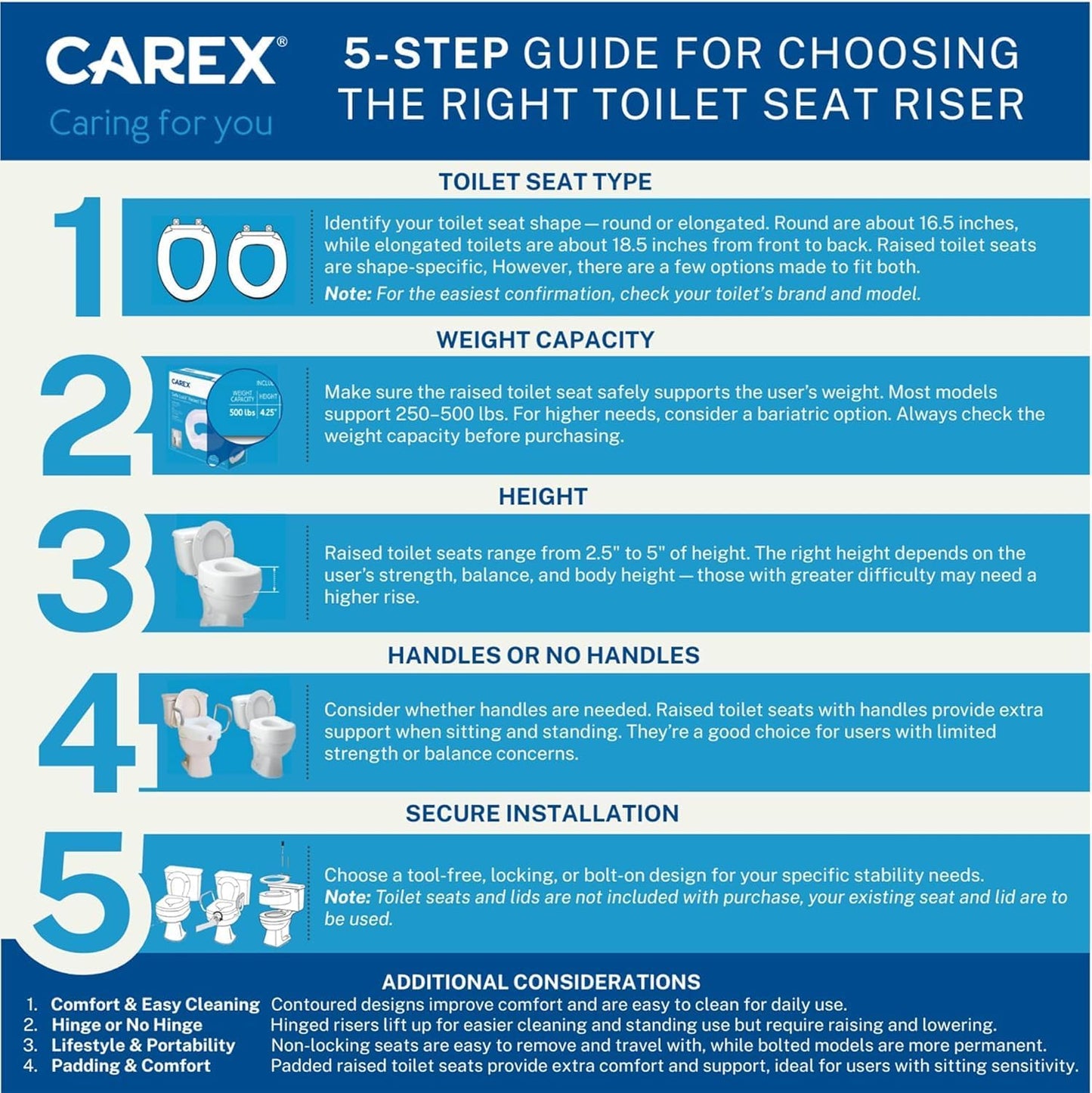 Carex Toilet Seat Riser, Elongated Raised Toilet Seat Adds 3.5 inches to Toilet Height, Assists with Bending or Sitting, Bolt-On Installation Under Existing Toilet Seat, 300 Pound Weight Capacity
