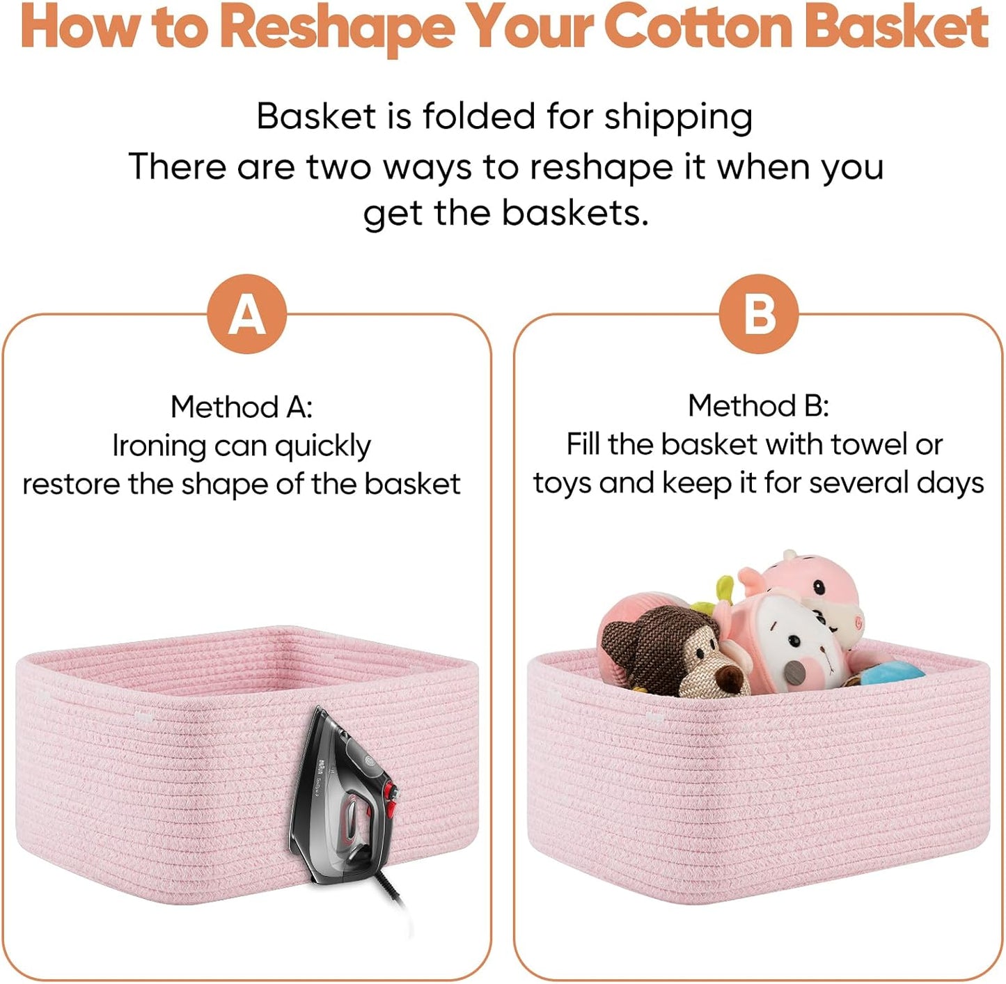 OIAHOMY 4 Pack 14.17 * 11.02 * 6.3IN Storage Baskets for Organizing Shelves, Woven Rope Baskets for Organizing Books, Clothes, Decorative Basket for Living Room, Nursery, Bedroom, Gift Basket, Pink