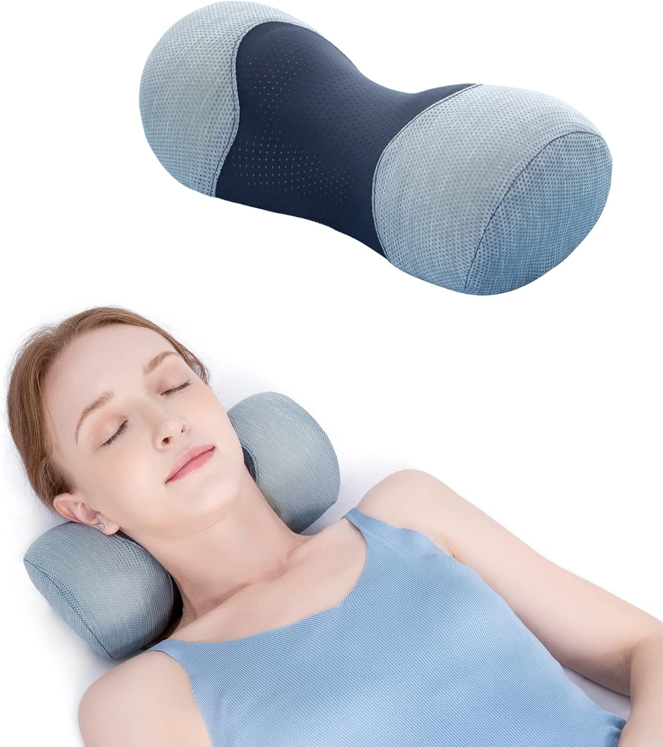 Bespilow Cervical Neck Traction Pillow for Pain Relief - 30 Min Daily Stretcher & Relaxer - Dual-Layer Memory Foam Neck Roll for Back Sleeping - Small Orthopedic Bolster with Cooling Cover