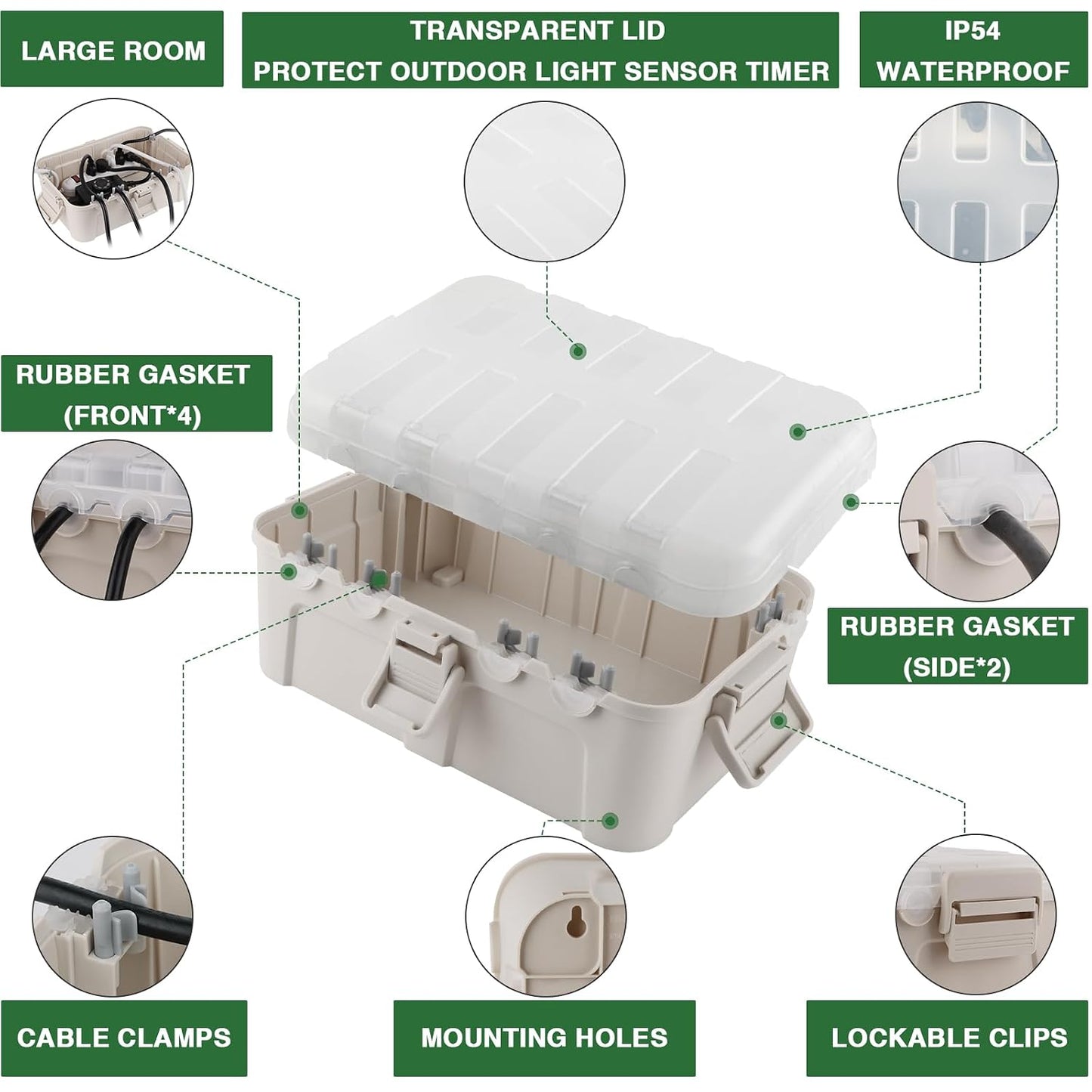 Flemoon Large Outdoor Electrical Box, Waterproof Extension Cord Cover | 6 Cable Entry Ports, IP54 Weatherproof Connection Box with Clear Lid for Photocell Light Sensor Timer, Outlet, Socket, Almond