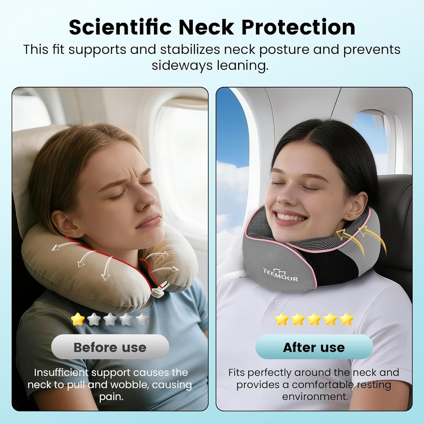 Teemour Travel Neck Pillow Airplane- Upgraded Memory Foam Neck Pillow for Airplanes 360° Support Desing, with Eye Mask & Earplugs, Portable Carry Bag for Long Flights, Business Trip|Travel Essentials