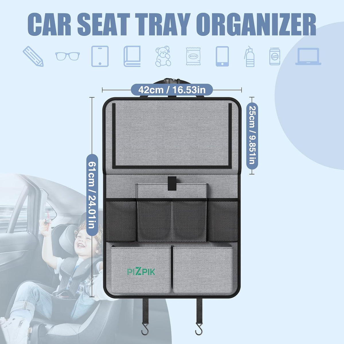 Plzpik Car Backseat Organizer with Tablet Holder,11 Storage Pockets with Foldable Food Tray, Protector Kick Mats for Kids, Travel Accessories Organizer (Gray, 2Pack with Food Tray)