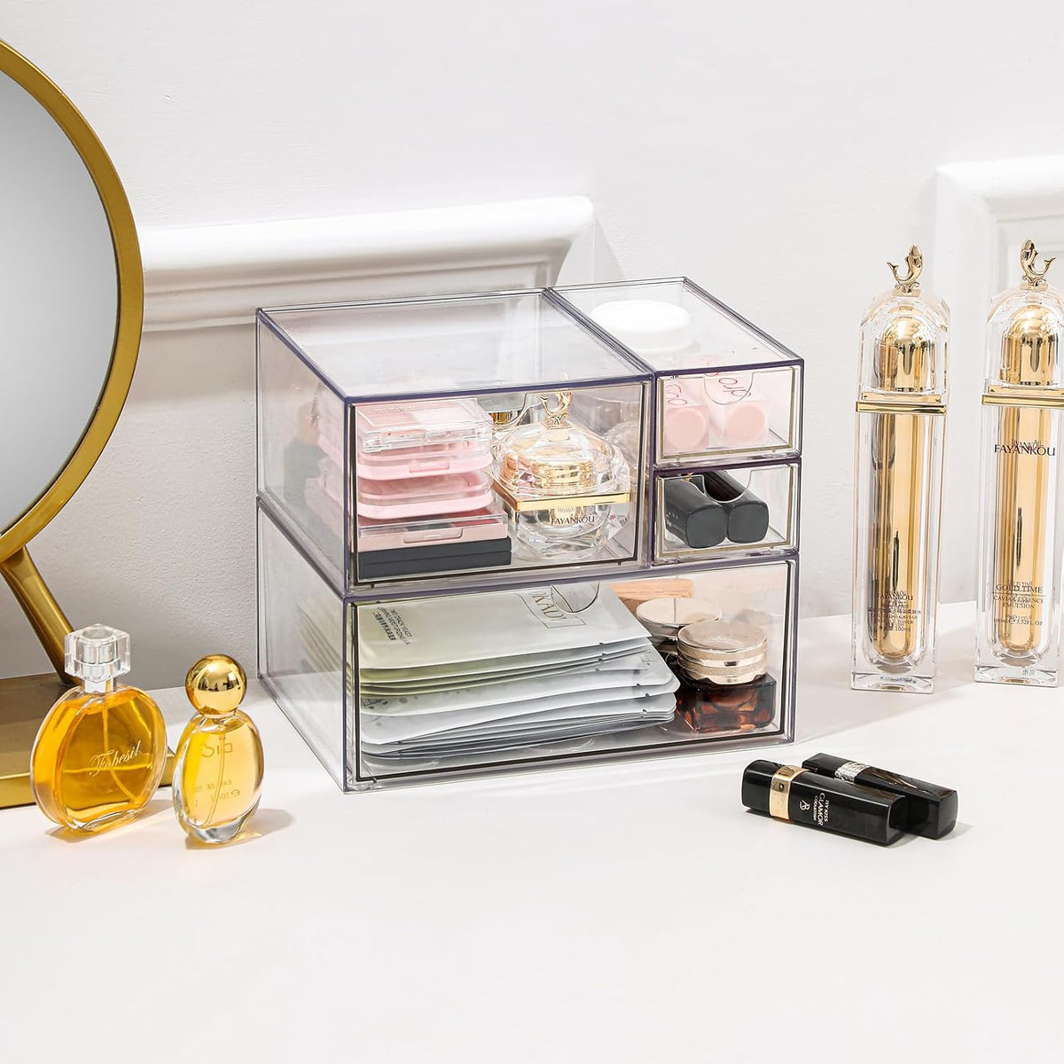 Makeup Drawer Organizer, Desk Drawer Organizer With 4 Drawers, 3 Different Sizes, Suitable For Office Desk, Bathroom, Bedroom, Jewelry, Stationery, Handicraft Storage And Organization, clear