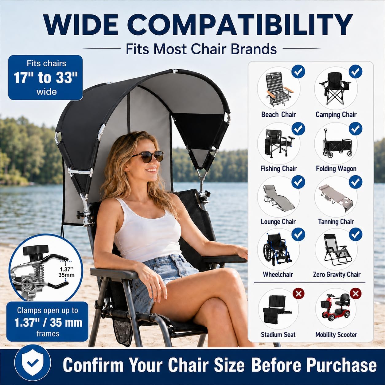 Universal Wind-Resistant Chair Umbrella Canopy, Foldable Portable UPF 50+ Sun Shade Attachment with Adjustable Clamp, Fits Most Beach, Camping, Lawn, Sports, Tanning, Zero Gravity Chairs, Patented