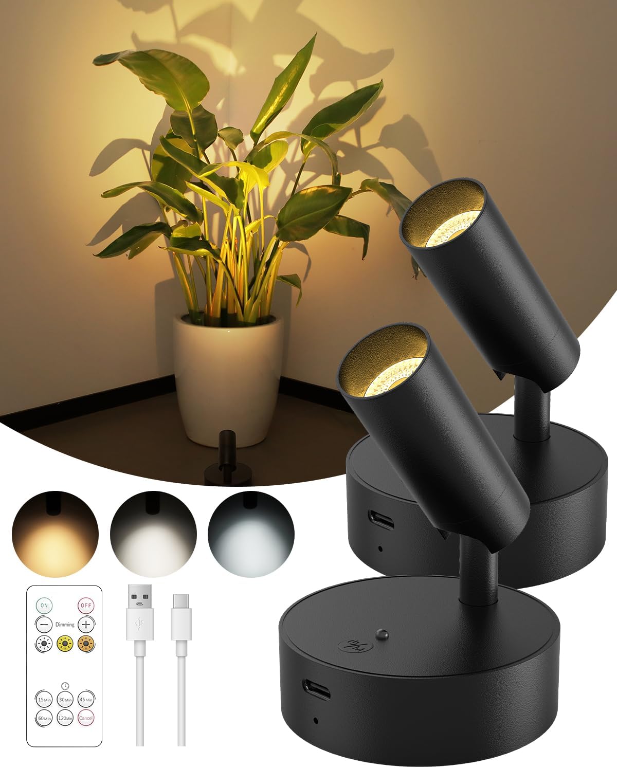 GOODEA Spotlights Indoor with Remote, 3000mAh Rechargeable Battery Plant Spotlight Indoor, Wireless Uplighting with 3 Colors & Dimmable, LED Picture Light for Painting, Artwork Accent Lighting(2 Pack)