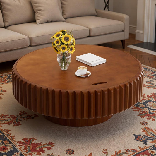 31.5" Round Drum Fluted Coffee Table (L31.5IN) | Mid-Century Modern, Easy Assembly, Sturdy Pedestal, Center Tables for Apartment Living Room
