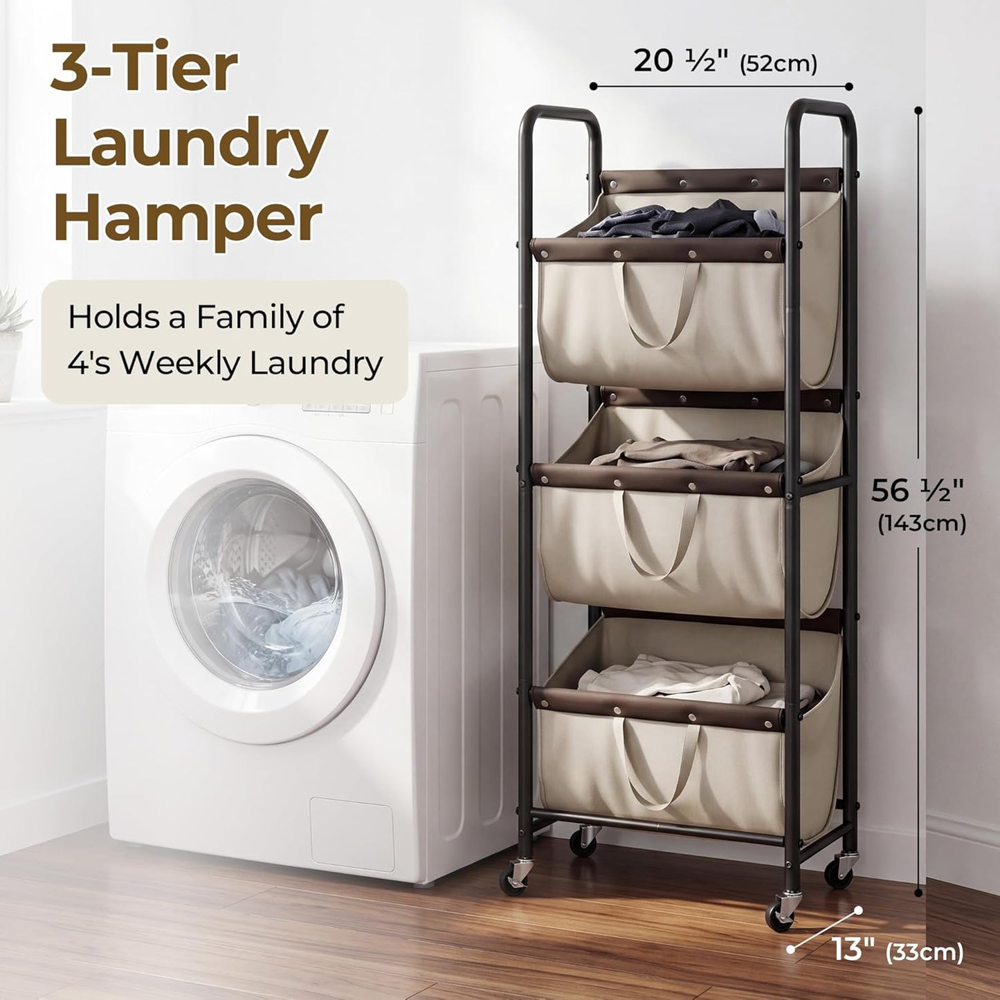 GRANNY SAYS 3 Section Tiered Laundry Sorter, Slim Vertical Laundry Hamper with Wheels, Narrow Rolling Laundry Cart with Removable Bags for Laundry Room, Bathroom, Closet, Dorm, Light Khaki