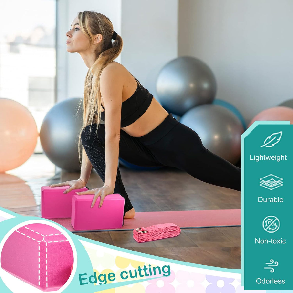 Meooeck 18 Pcs Yoga Blocks and Strap Set Include 12 EVA Foam Yoga Blocks Bulk 9"x6"x3" with 6 Adjustable 8 ft Straps D Ring Non Slip Props for Stretching Pilates Workout Studio Home Gym