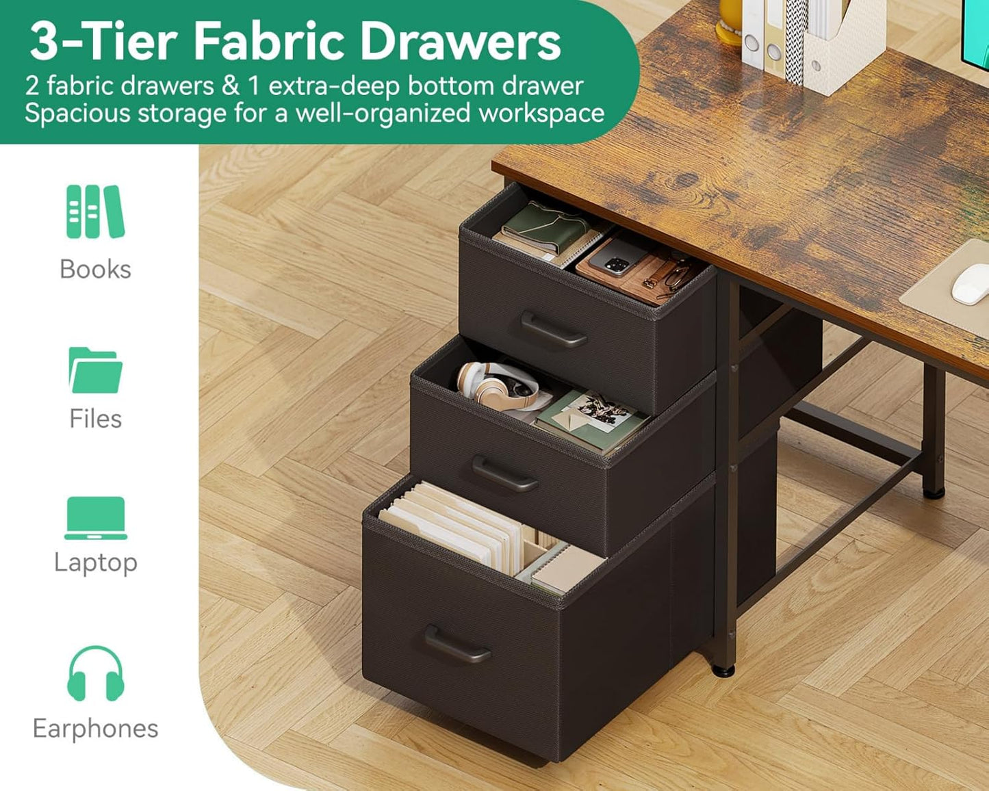 AODK 51 Inch Computer Desk with Fabric Drawers & USB Power Outlets, Reversible Home Office Desk with Storage Shelves, Work from Home, Modern Work/Writing/Study Table for Bedroom, Vintage