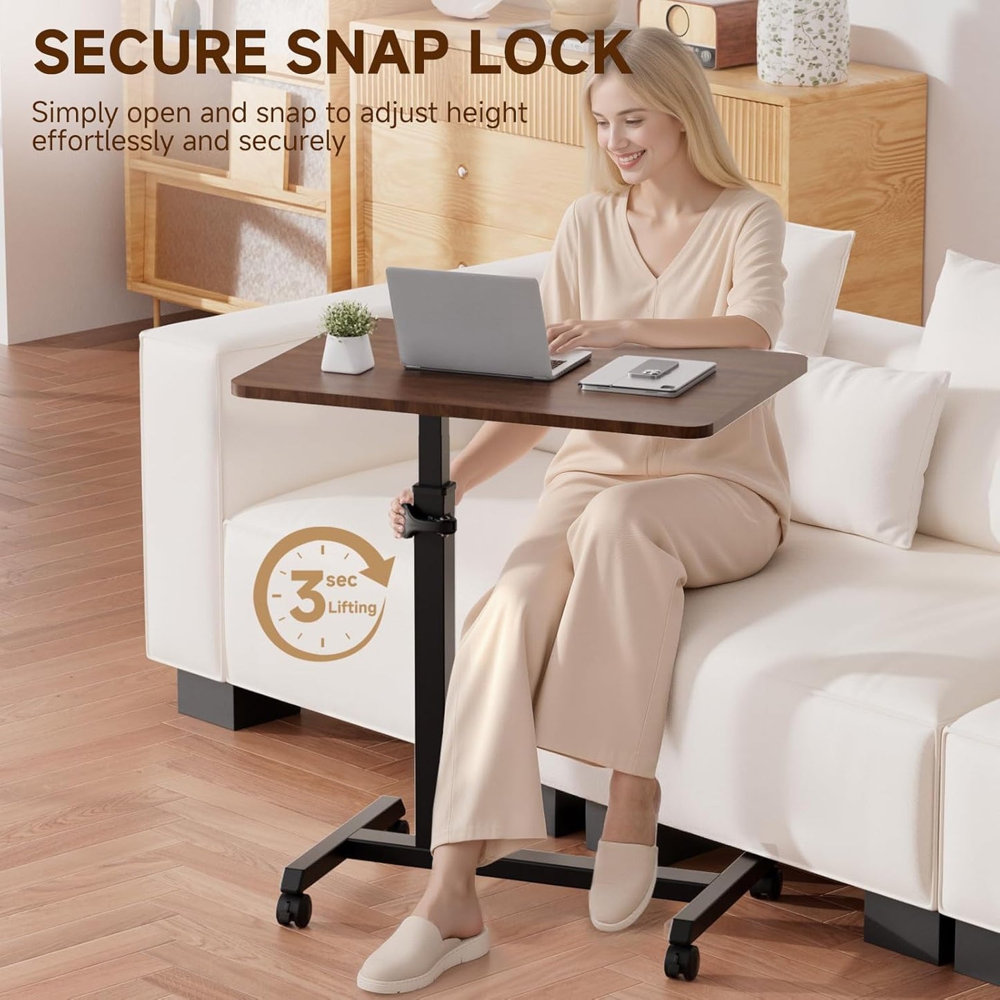 GTPLAYER Small Standing Desk, 24 Inches Foldable Mobile Rolling Laptop PC Table with Lockable Casters, Adjustable Height Overbed Bedside Table Computer Workstation for Home Office, Walnut-Foldable
