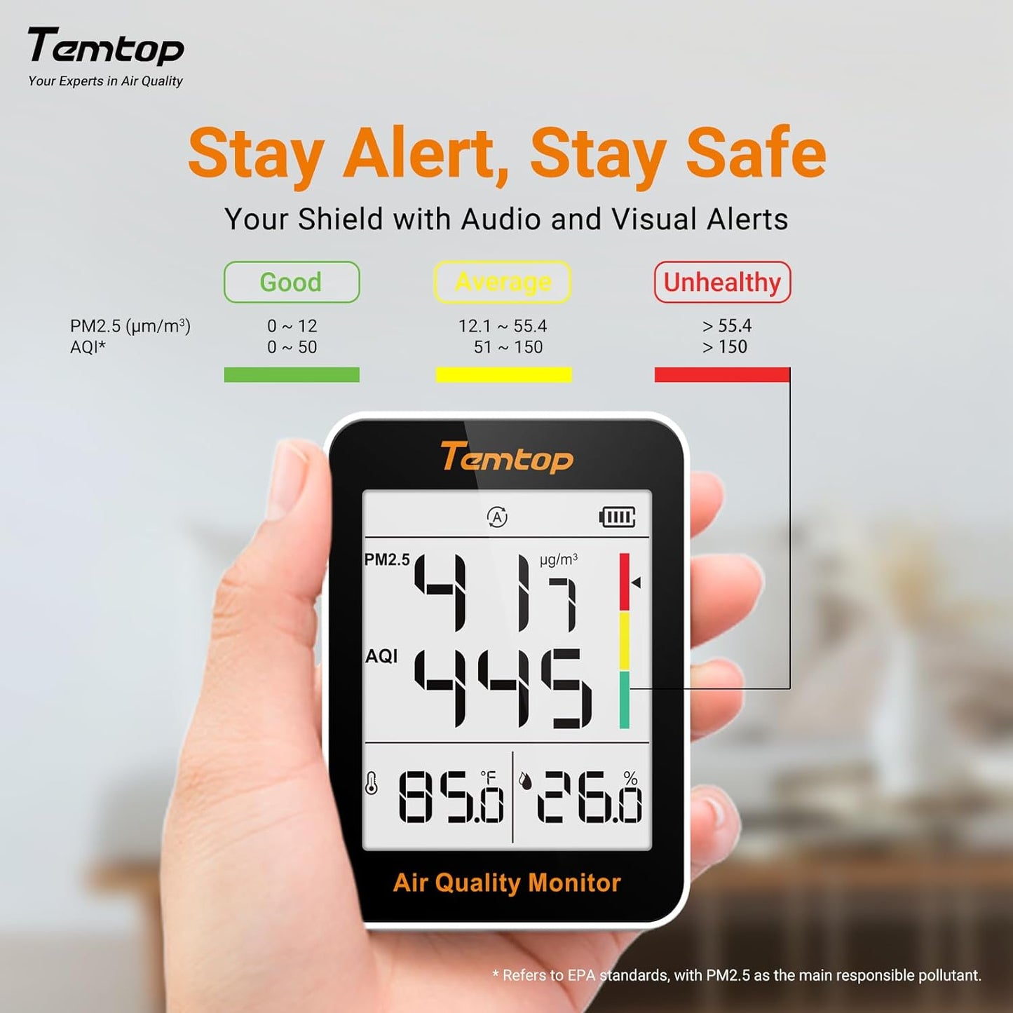 Temtop Air Quality Monitor with Indoor Thermometer & Thermo-Hygrometer – PM2.5, AQI, Temperature and Humidity Meter for Home, Office, Nursery, School, 60-Day Battery Life