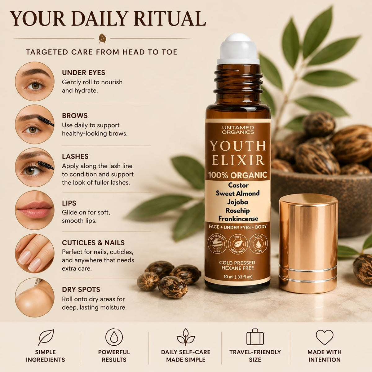 Untamed Organics Youth Elixir - Roll On Facial Serum For Under Eyes and Face with Certified Organic, Cold Pressed, Hexane Free Castor, and Frankincense Oil - Miracle Anti-Aging Oil 10mL