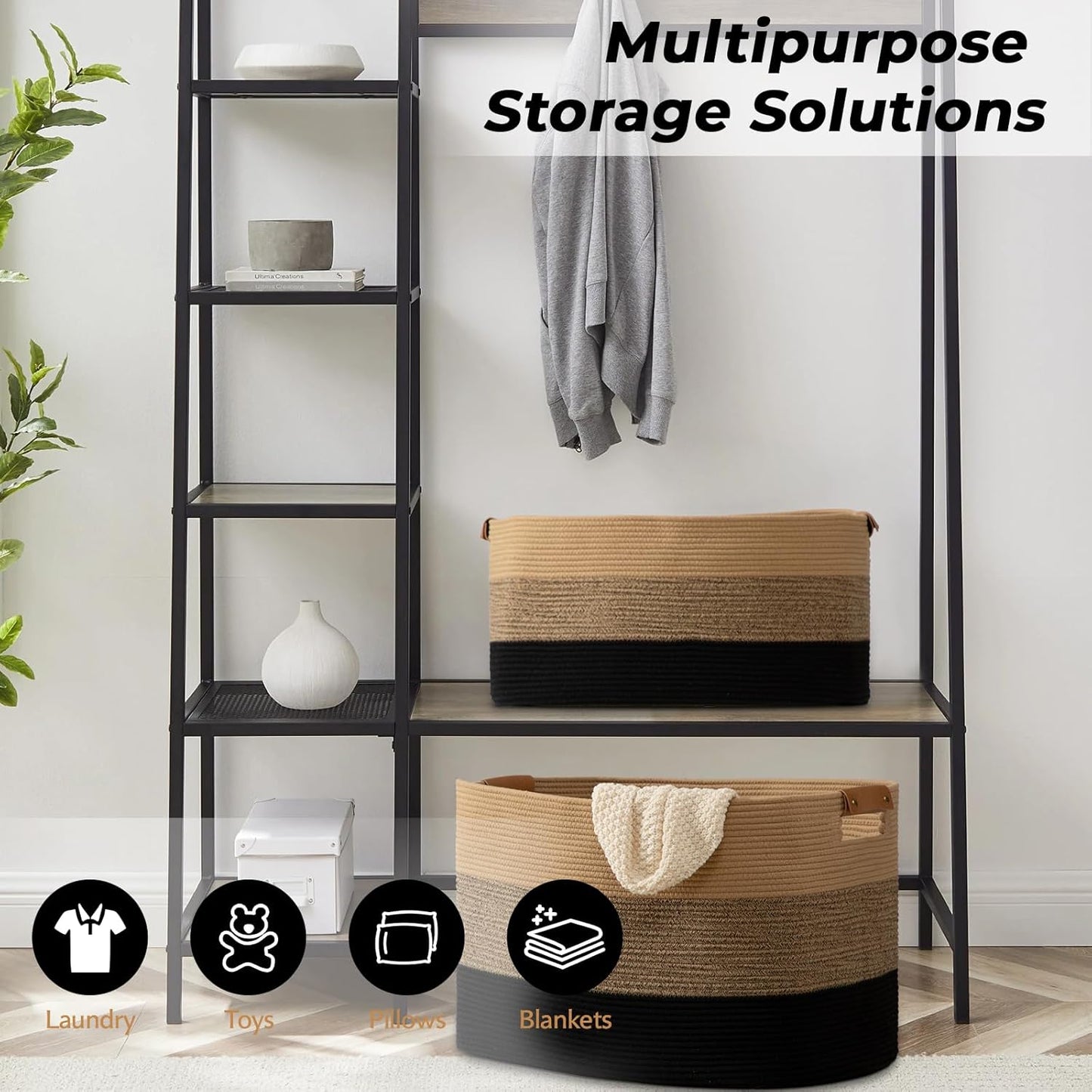 danpinera Large Blanket Basket for Living Room,72 L Rectangle Toy Storage Basket for Nursery Room, Woven Rope Storage Box with Leather Handle, 22’’*17’’*11.8’’, Gradient Linen