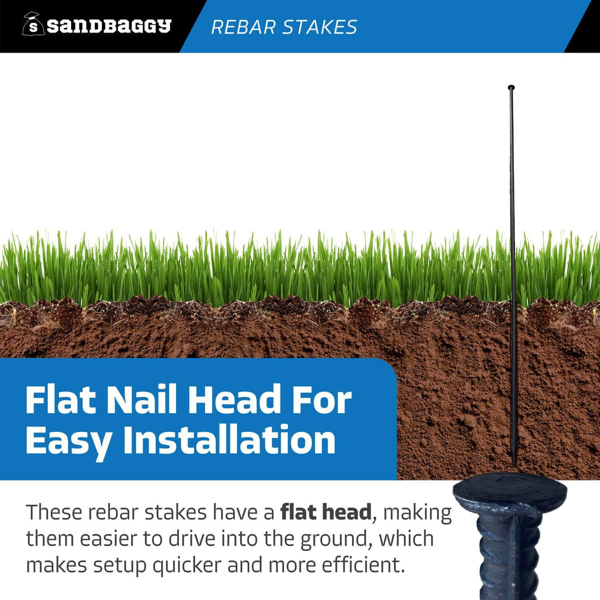 Sandbaggy 72" Steel Rebar Stakes with Nail Head - Garden Stakes (#4 Rebar - 1/2" Diameter) - l-Shape - Ground Stake, Pins, Landscaping Spikes, Construction (72-inch, 5, Count)