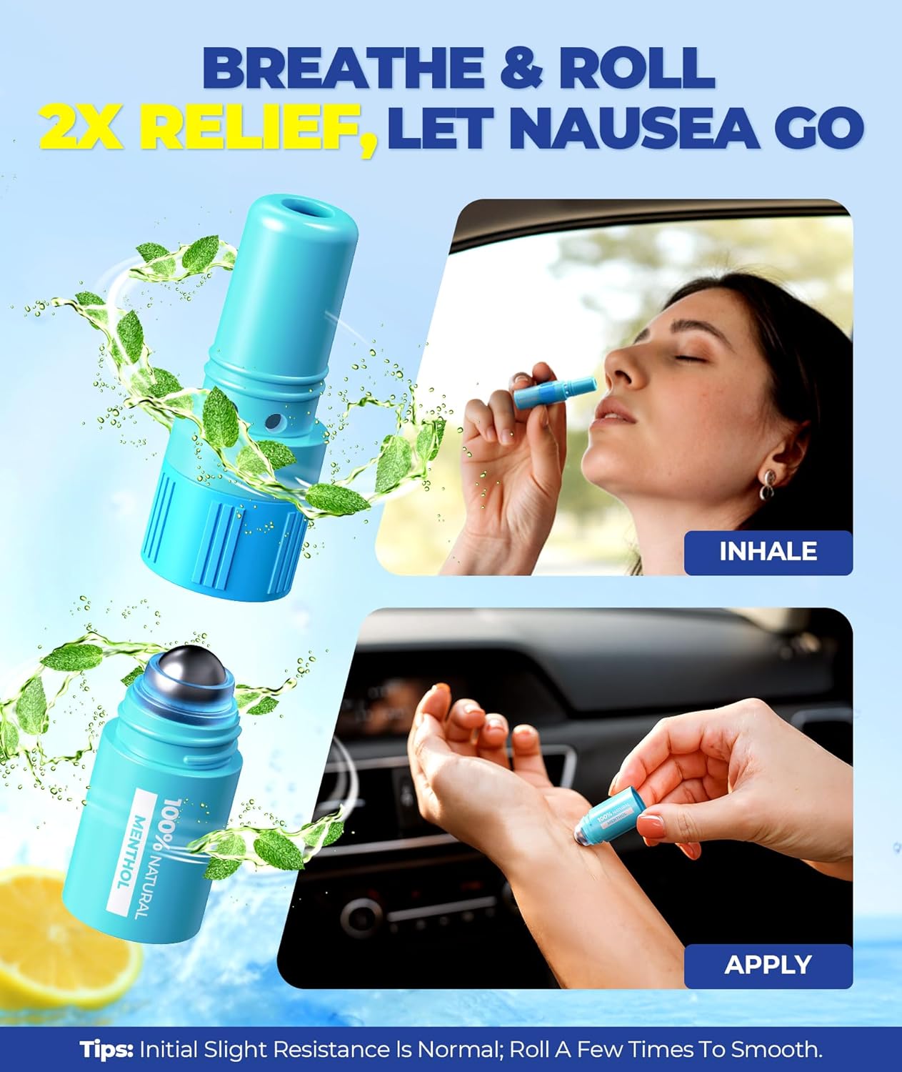 FILLOVE 1s Fast Nausea Relief Nasal Stick with 2-in-1 Motion Sickness Ease, 100% Natural Essential Oils for Pregnant Women, Non-Drowsy Travel Essentials & Cruise Essentials for Car, Airplane