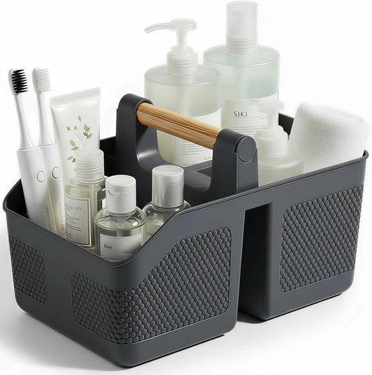rejomiik Shower Caddy Portable with Bamboo Handle, Plastic Basket Cleaning Caddy Organizer Storage Tote for Bathroom, College, Dorm Room Essentials, Dark Gray