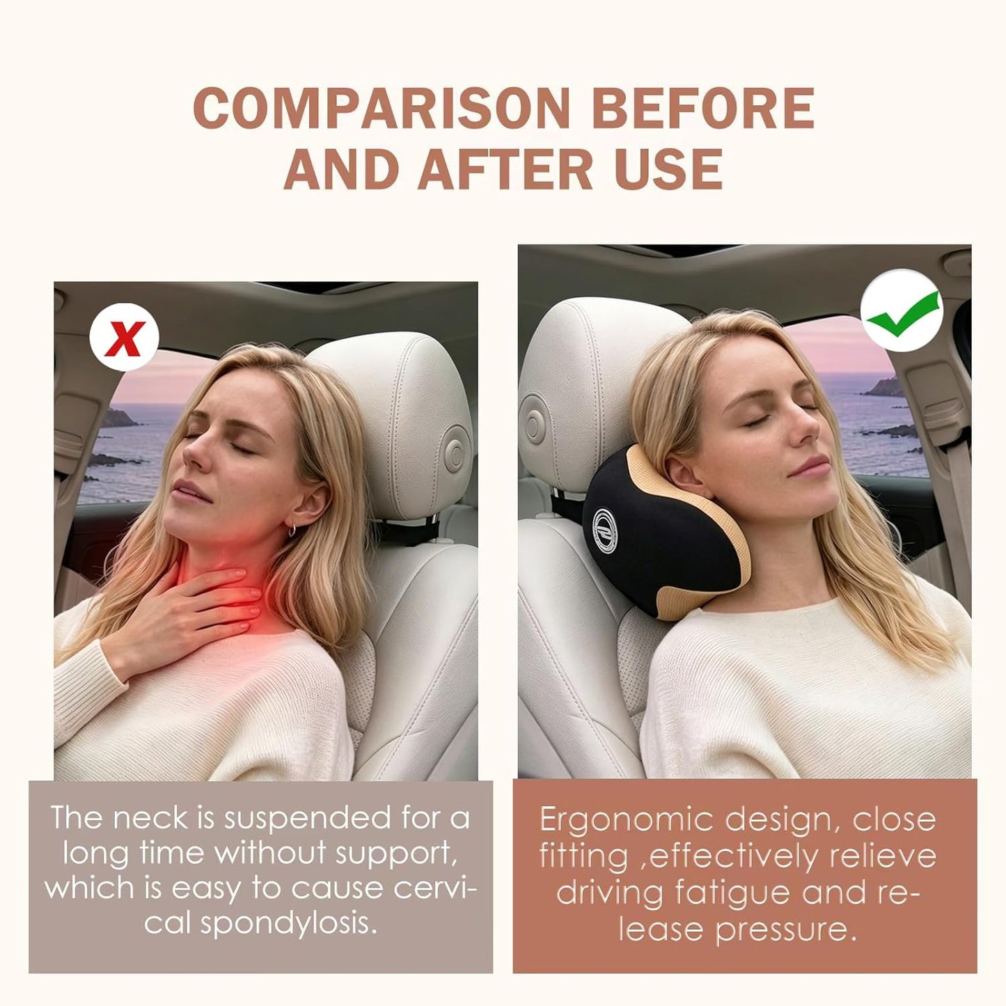Really Helpful Car Headrest Pillow, Car Neck Pillow for Sleeping with Adjustable Strap, 100% Memory Foam & Breathable Removable Cover, Ergonomic Design - Softness Travel Car Pillow(Beige, 1PC)
