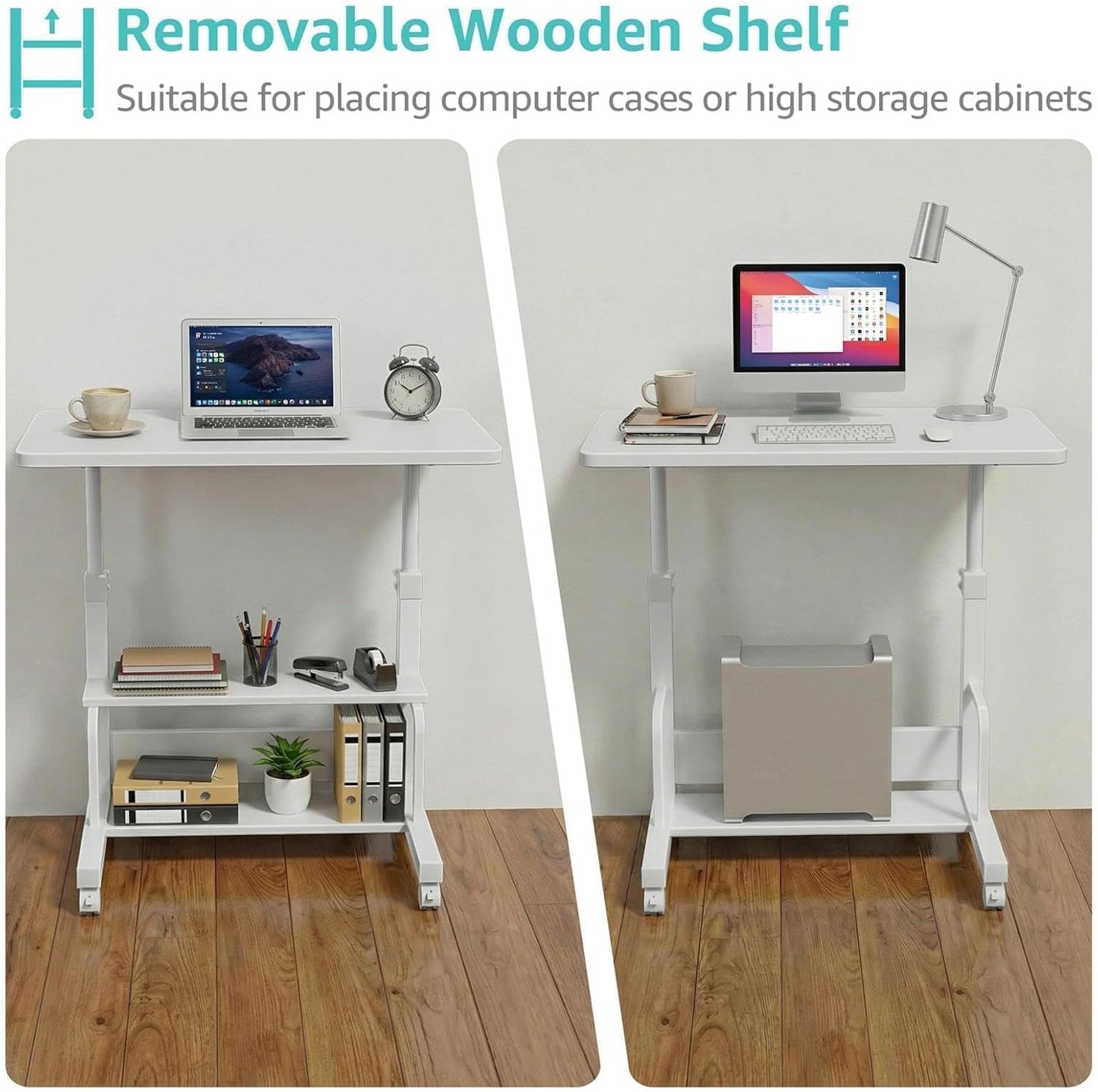 WINAZ Small Portable Laptop Rolling Desk - 32" Mobile Kids Desk with Wheels for Small Spaces, White，31.5"