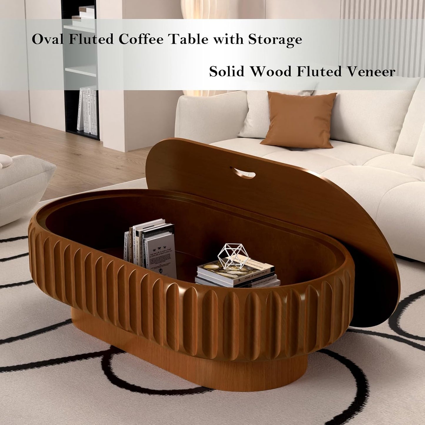 Chic Drum Coffee Table with Storage (E 43.3in) | 43.3" Rustic Oval Center Table - Solid Wood Fluted Veneer | Easy Assemble | for Living Room Apartment