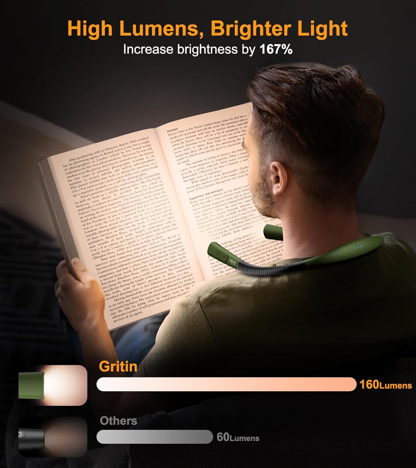 Gritin Book Light, Eye Caring 4-Color & 5-Brightness Neck Light Reading Light- Stepless Dimming,30-min Timer,80+ Hrs Runtime,Bendable Round Neck Design, Lightweight for Reading-Deep Green