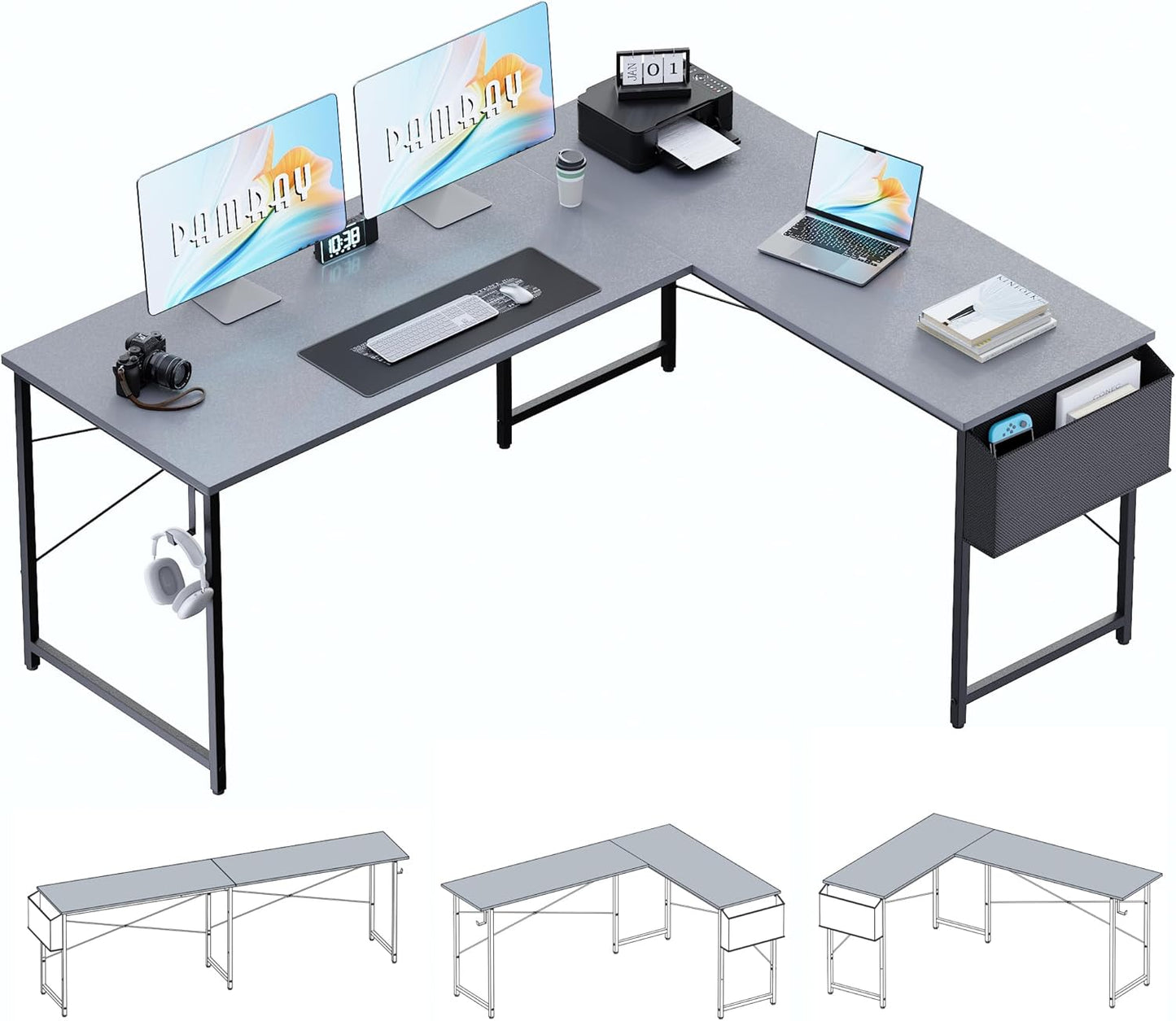 Pamray 64.5 Inch Reversible L Shaped Gaming Desk Large Corner Computer Desk with Storage Bag Home Office Table for Writing Study Grey