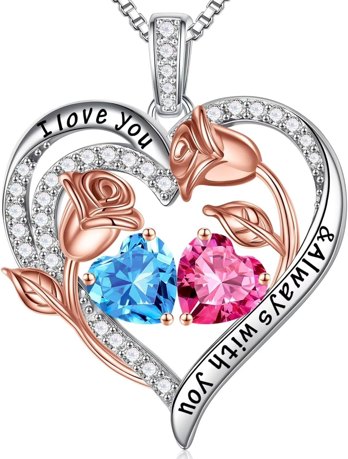 Iefil Birthstone Necklace for Women - Rose Heart Necklace