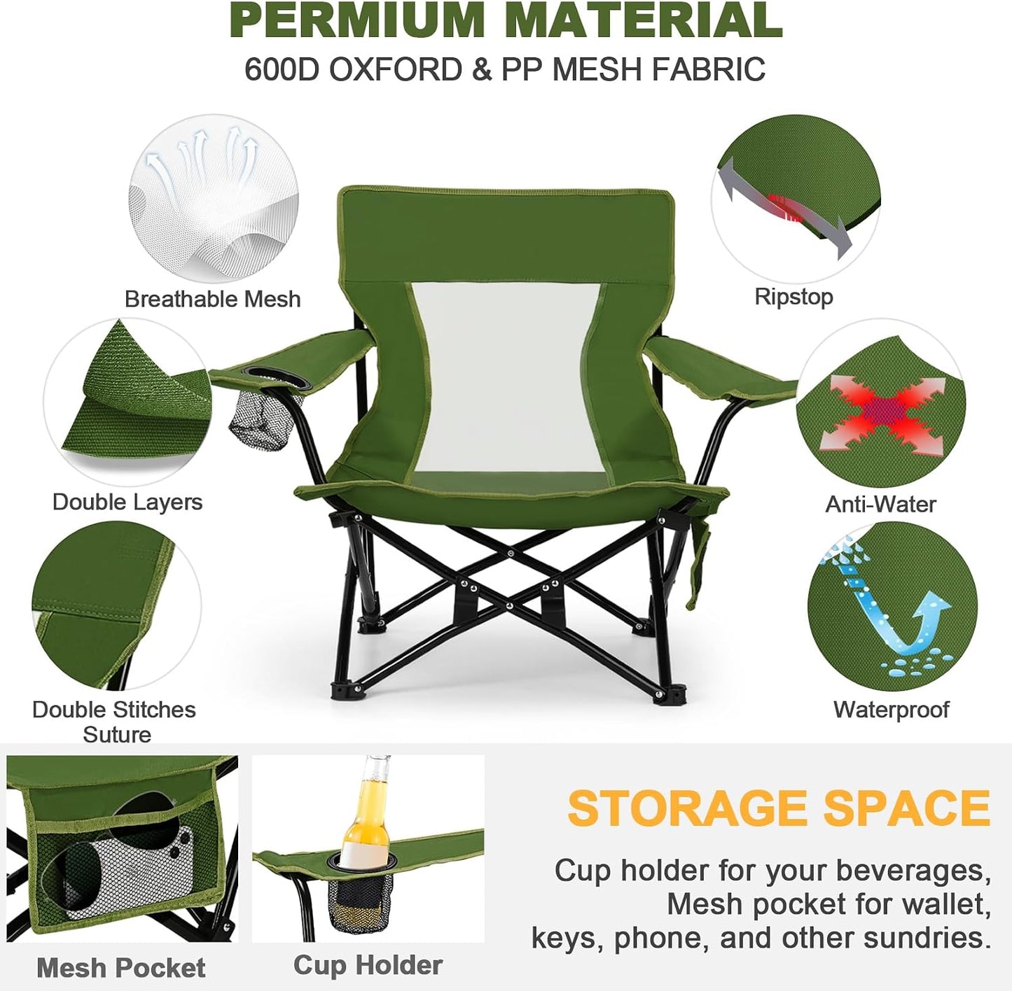 Joyfair Beach Camping Chair (2 Pack), Outdoor Folding Chair for Adults, Heavy Duty Portable Chair for Outside Fishing, Lawn, Sport, Patio, Armrest Cup Holder & Storage Pocket, Carry Bag (Green)