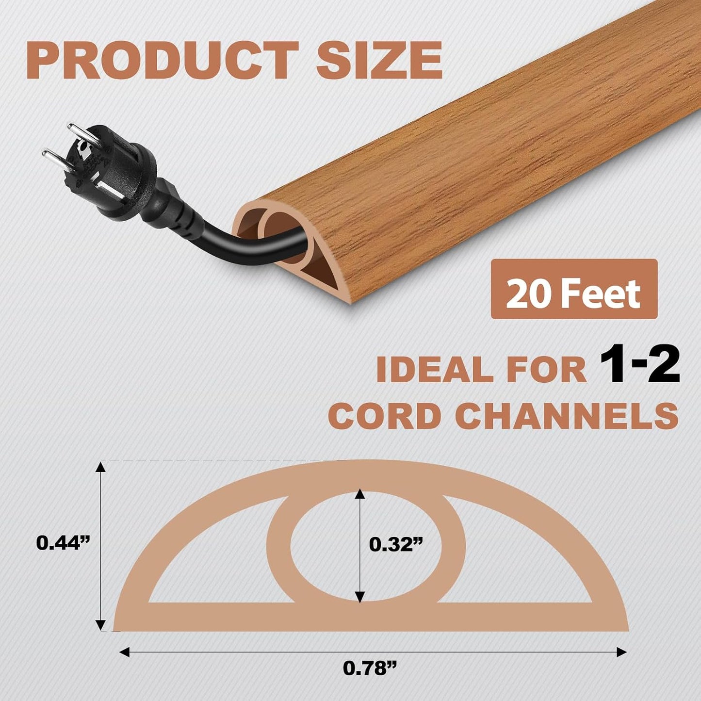 Floor Cord Cover for Wires on Floor Self Adhesive Cord Hider | Floor Cable Cover Floor Wire Covers for Cords Prevent Cable Trips, Cord Cavity W 0.32" x H 0.32", Brown Wood, 20Ft