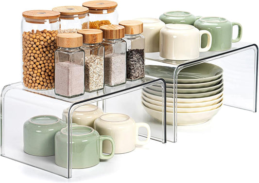 Clear Cabinet Organizer, Shelf Organizer Set of 2 for Kitchen Pantry Organizers and Storage, Display Cabinet Shelf Room Decor Countertop Desk Shelves, Patented Spice Organization for Cabinet