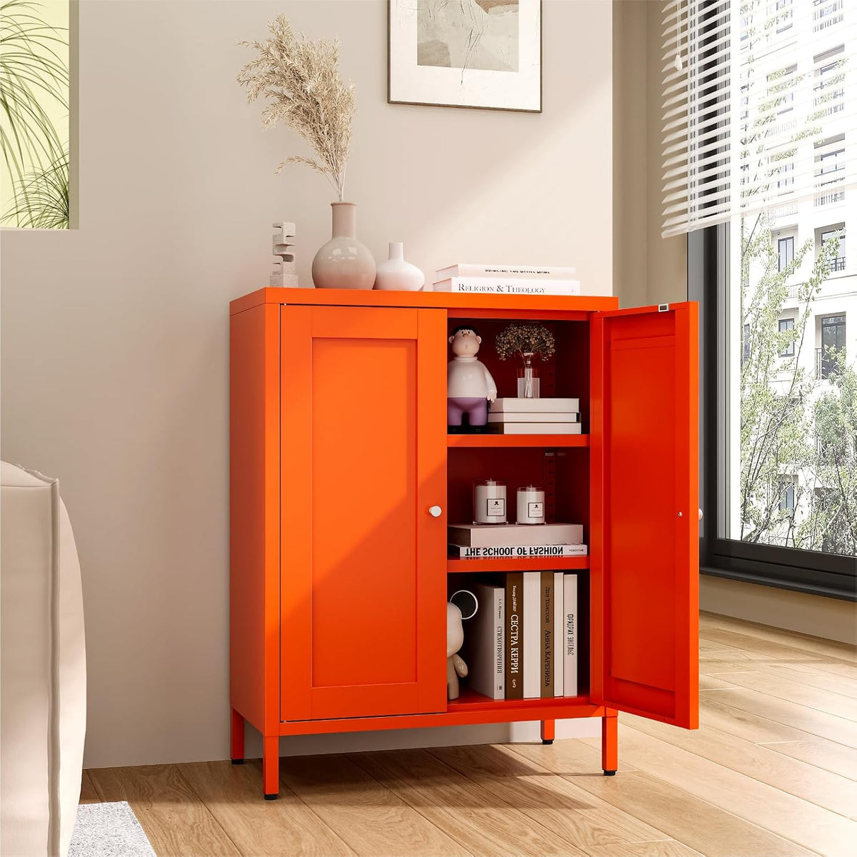 Metal Bathroom Cabinet, Small Floor Storage Cabinet, Freestanding Sideboard with 2 Adjustable Shelves for Living Room, Dining Room (Orange, 31.5" H-2 Doors)