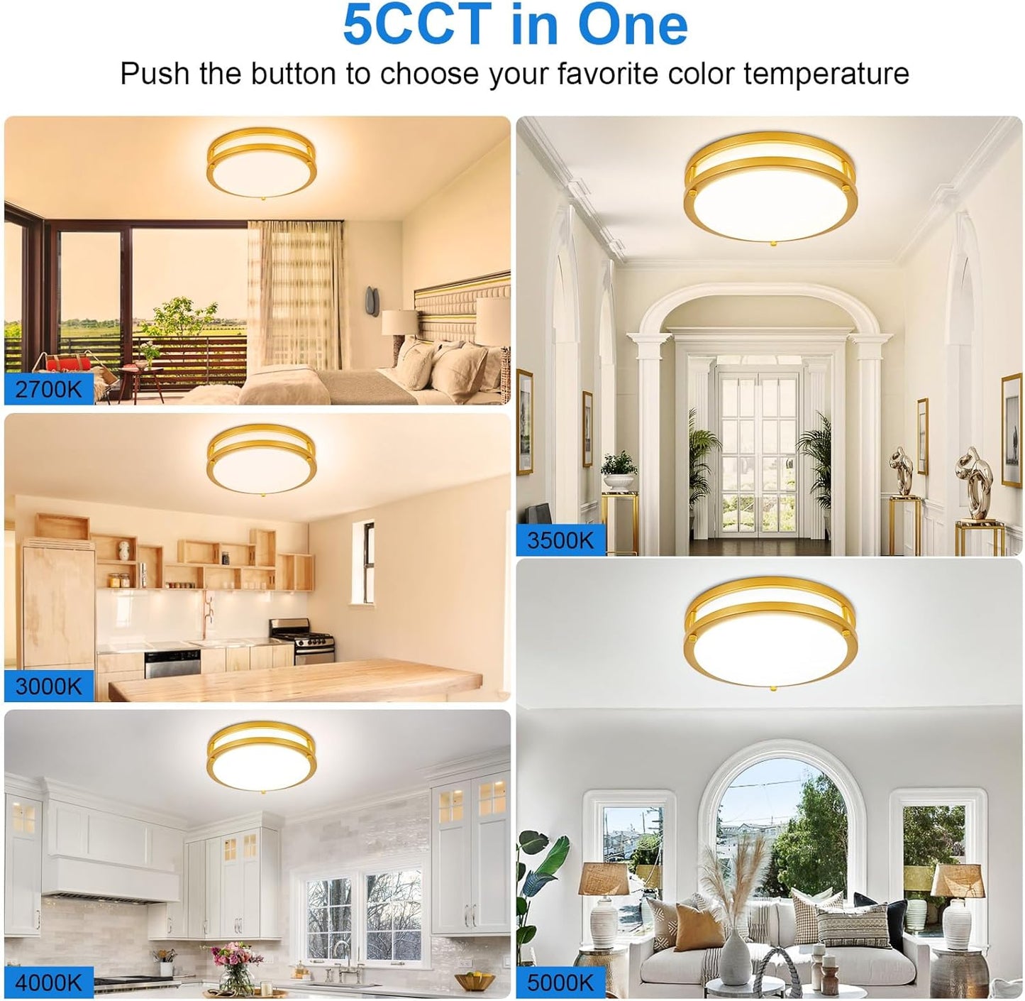 DLLT Flush Mount LED Ceiling Light: 10 Inch 5CCT (3000K-6000K) & Dimmable Ceiling Light Fixtures for Bedroom Hallway - 18W Modern Gold 1600LM Super Bright Kitchen Lighting Fixtures Ceiling