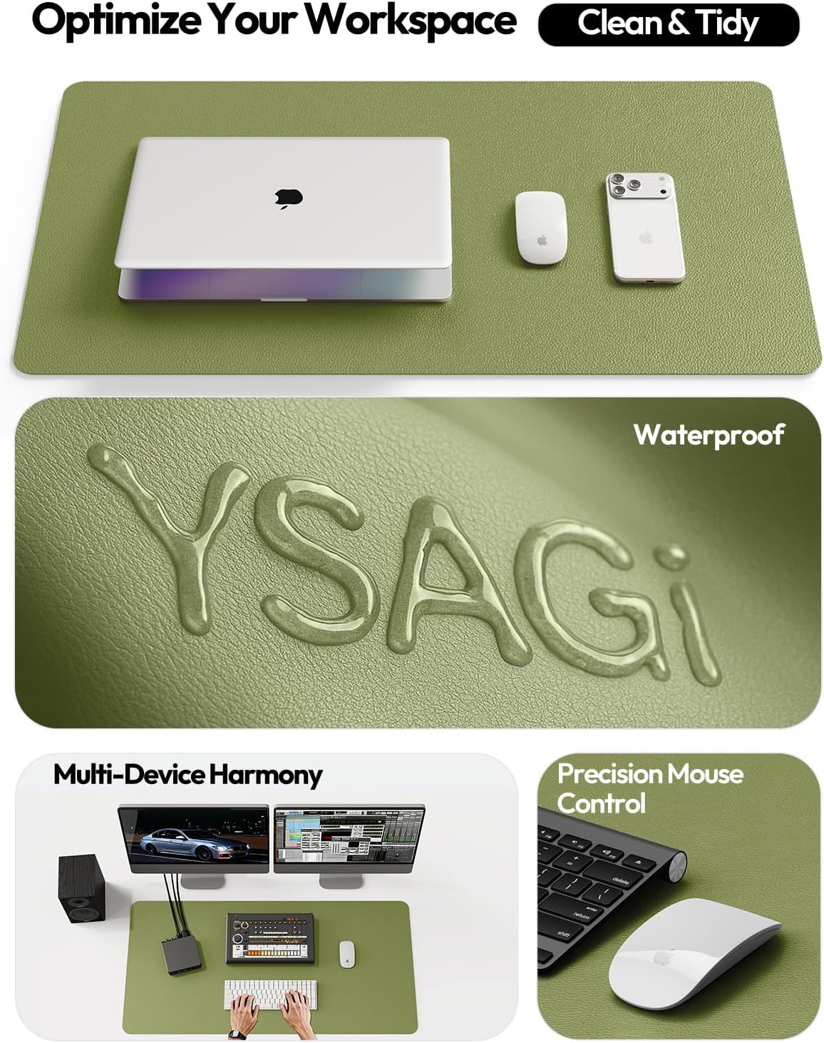 YSAGi Leather Desk Protector, Office Mat, Large Mouse Pad, Non-Slip PU Leather Blotter, Laptop Desk, Waterproof Writing Pad for Office and Home (Green, 31.5" x 15.8")