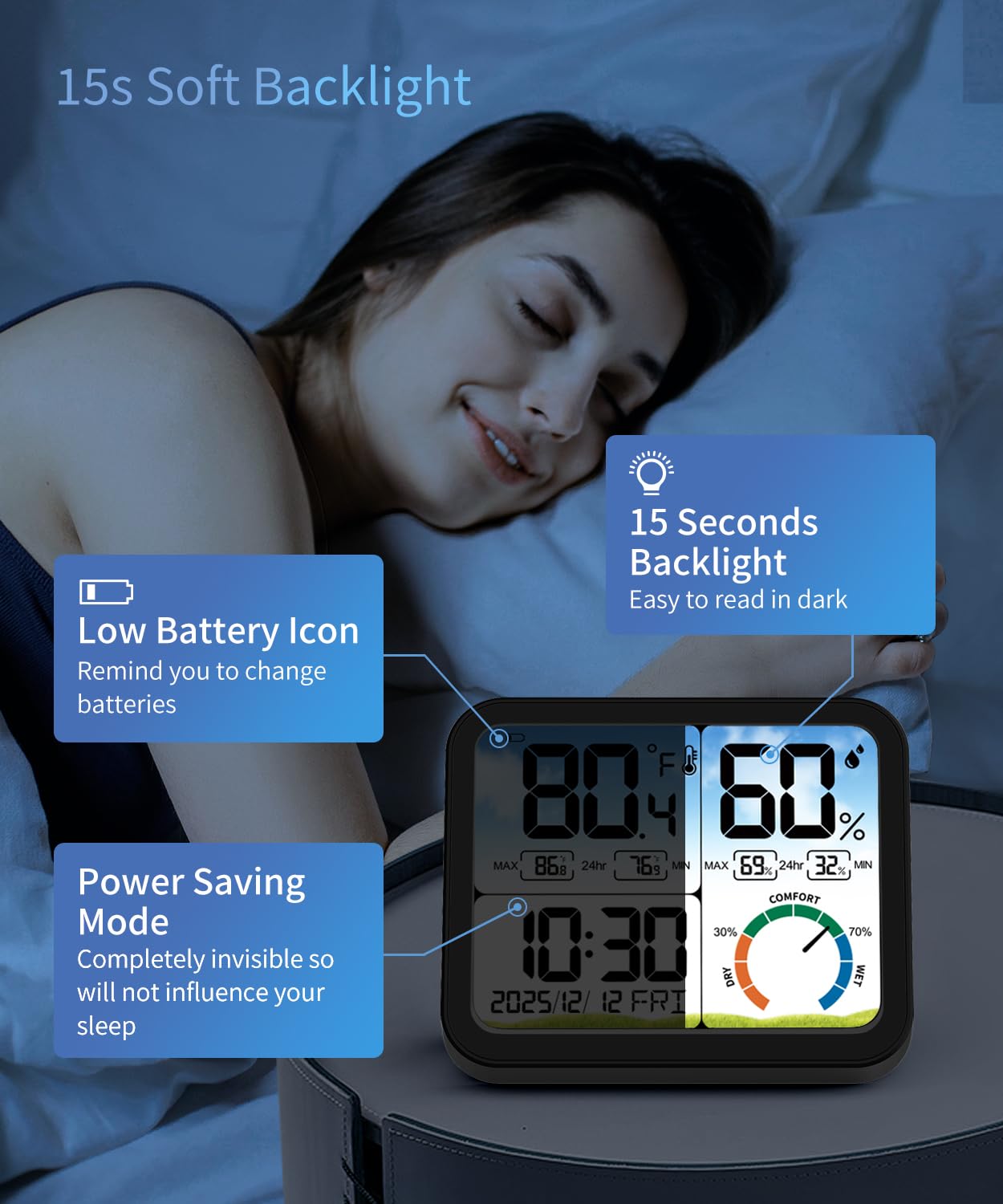 VOCOO Digital Indoor Room Thermometer - 5.8'' Extra Large Display Temperature Humidity Sensor with Accurate Temp Humidity Gauge Monitor, Calibration, Max & Min Records, Comfort, Backlit, Date & Clock