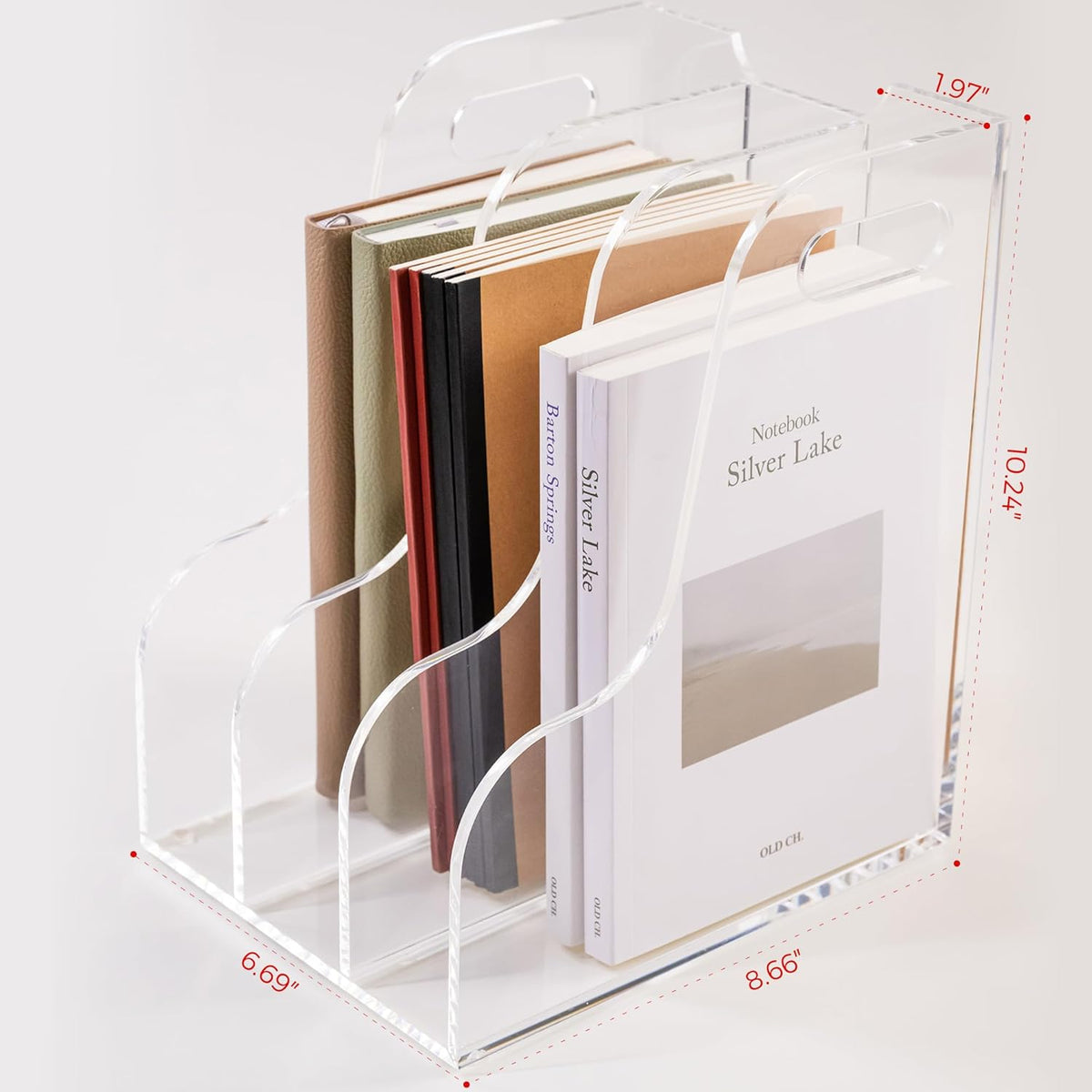 3 Vertical Compartments File Holder, Clear Acrylic Desk Organizer and Storage Bins Holding for Magazines, Binders, Notebooks, Envelopes, Multi-purpose Document Organizer for Home Office