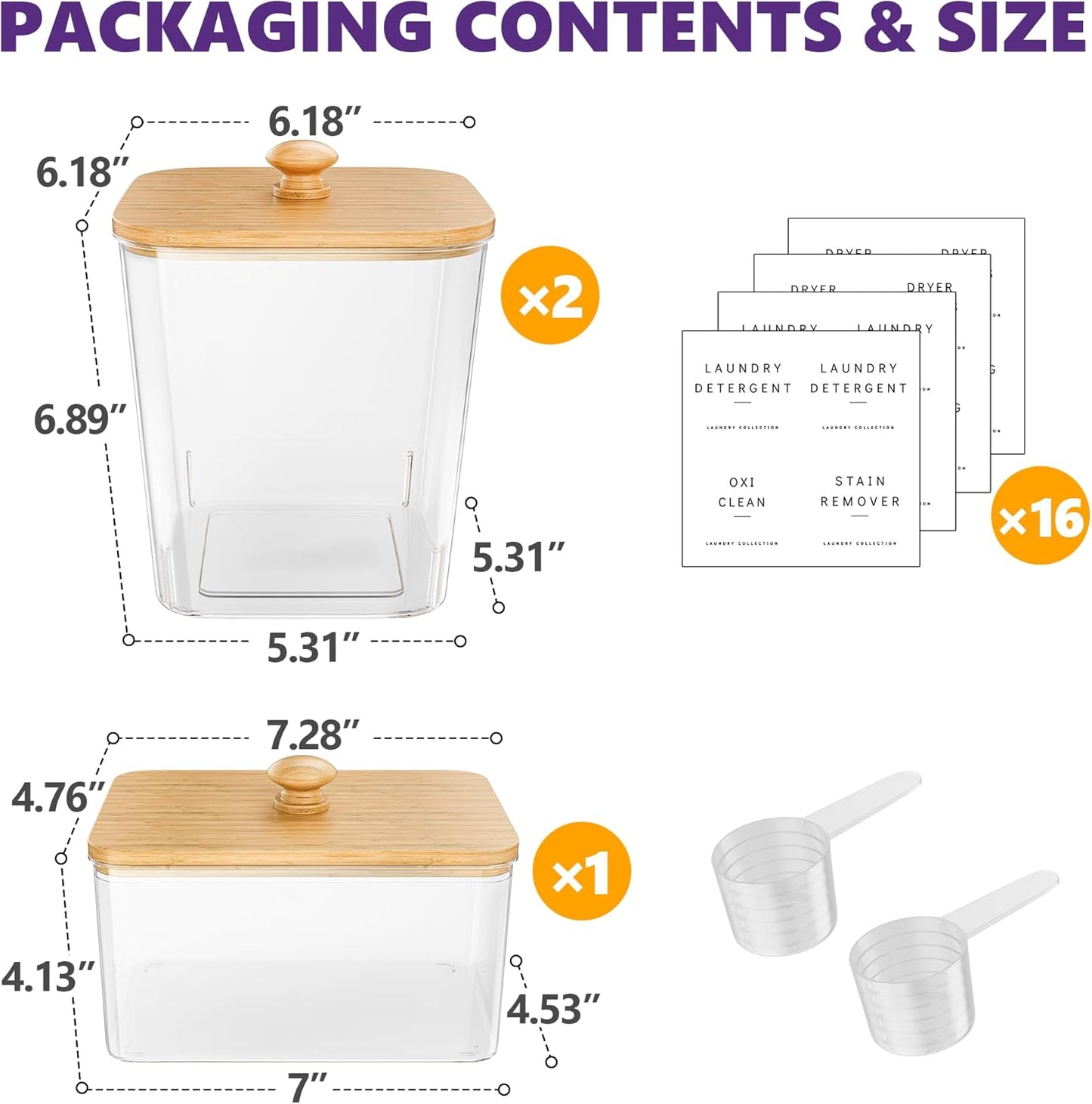 Moforoco 2+1 Pack Bamboo Laundry Pods Container, Clear Laundry Room Organization Containers,Large Laundry Detergent Powder Storage Containers Lids & Labels, for Scent Booster