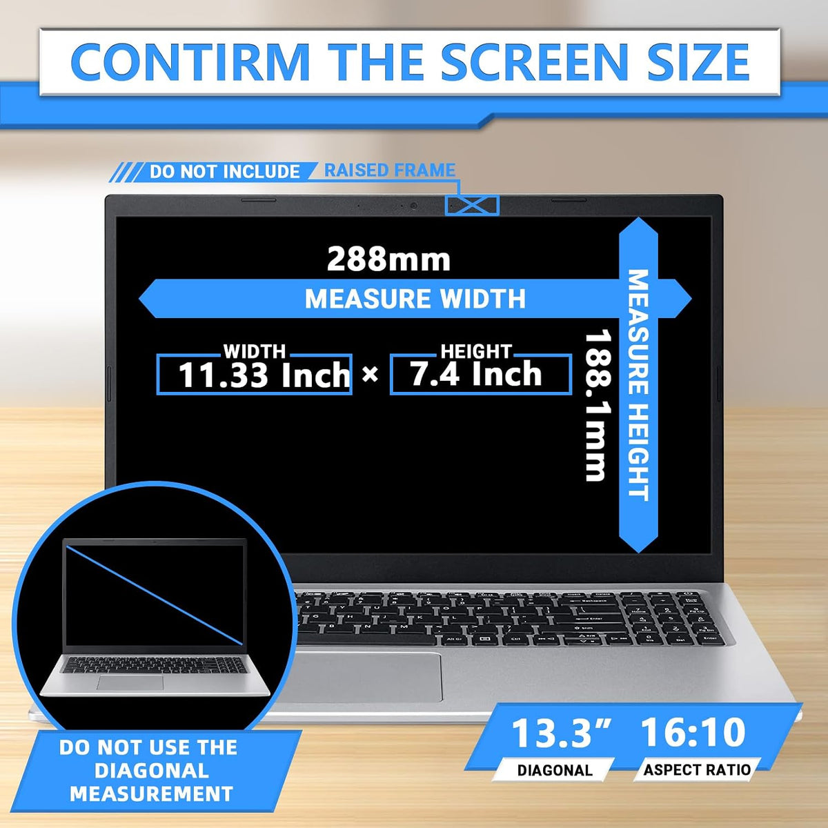 Magnetic Laptop Privacy Screen 13.3 Inch 16:10, Removable Privacy Filter