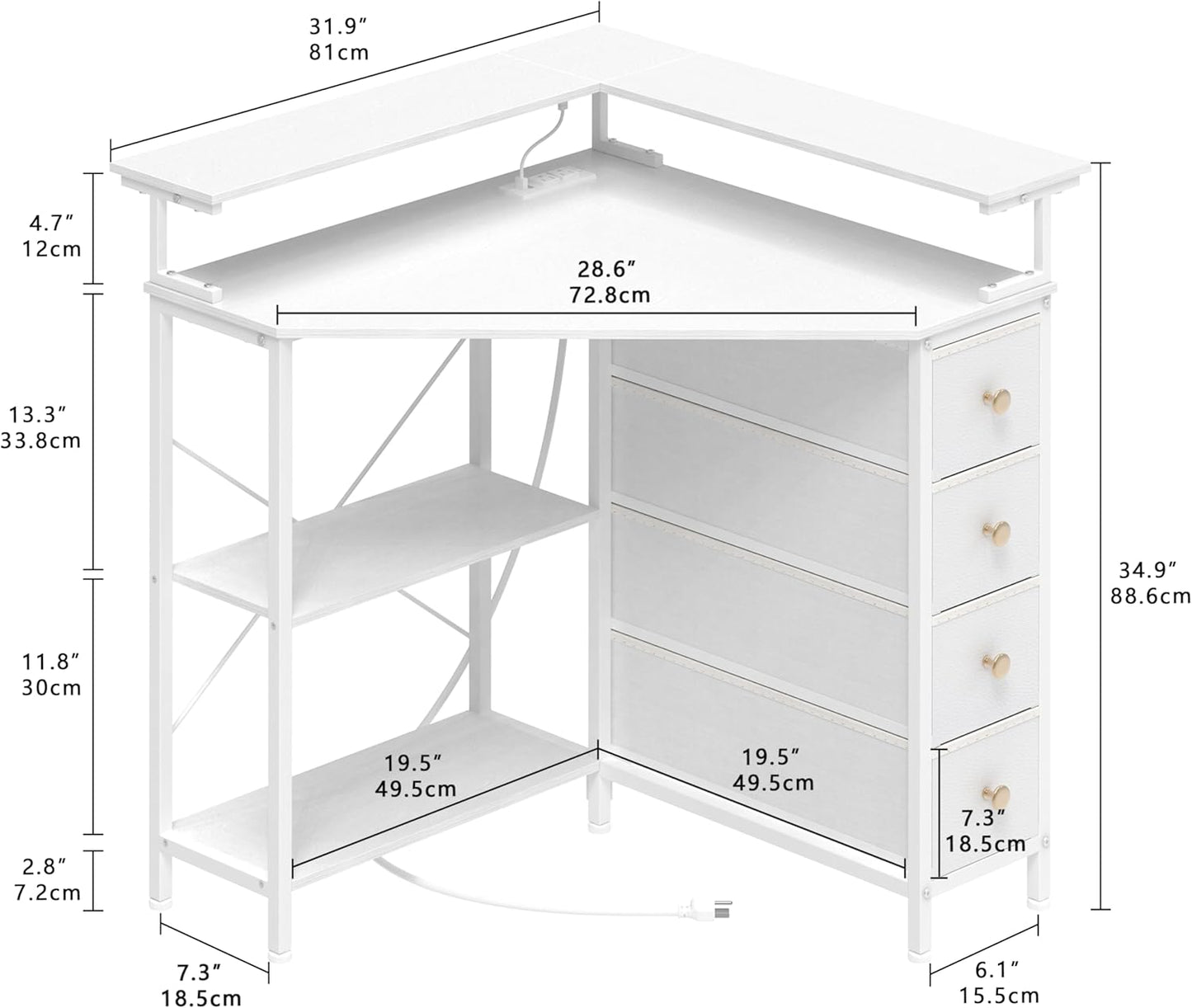 VENNQD Corner Desk with Drawers Shelves for Small Space 90 Degrees Triangle Computer Desk with Power Outlets,Gaming Desk with LED Lights Monitor Stand for Home Office Workstation Writing Table (White)