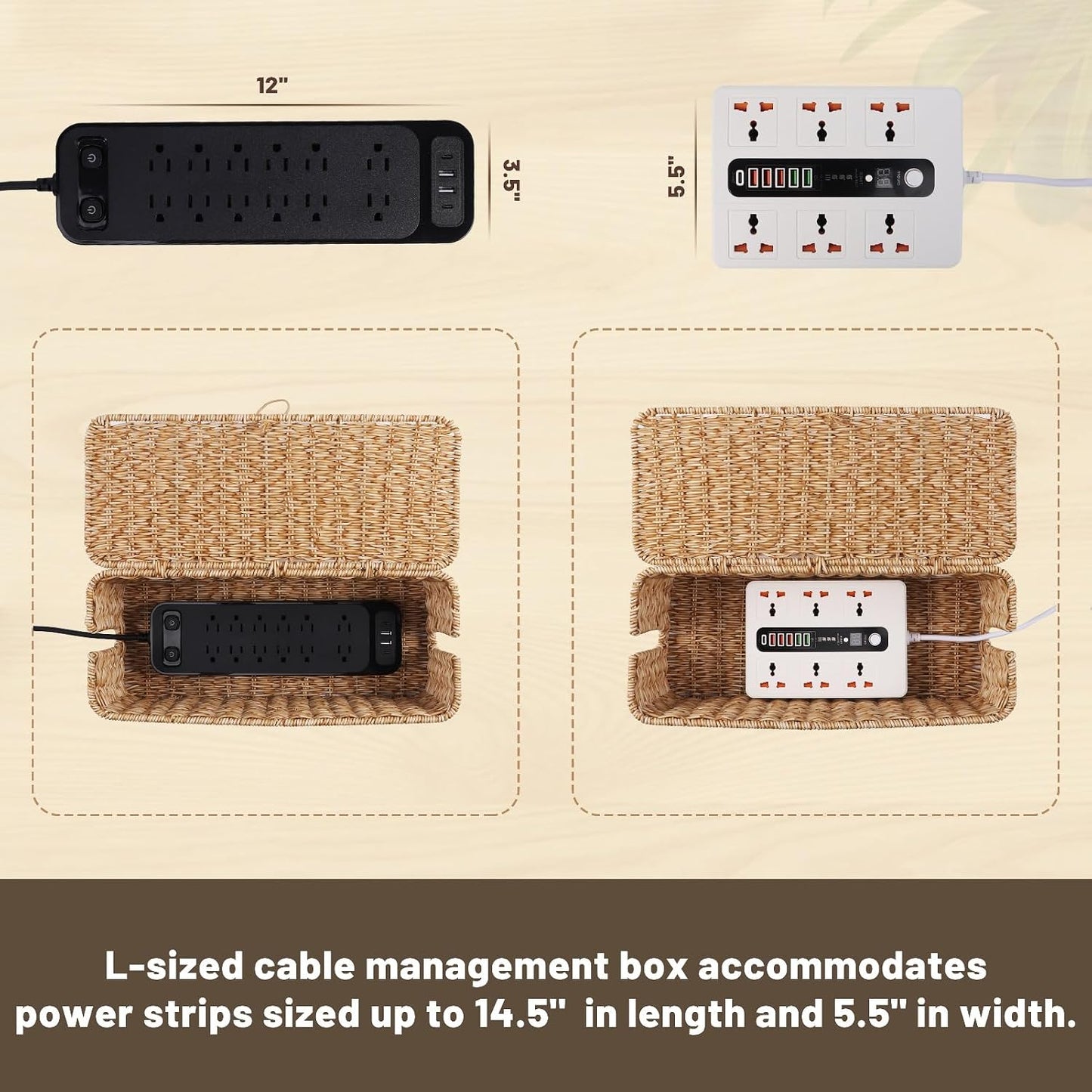 Cable Management Box, Cord Organizer with Lid & Cable Ties - Natural,L | Handmade Open Slots Cord Hider Outlet Covers for Power Strip TV PC Router Charger Under Desk Storage
