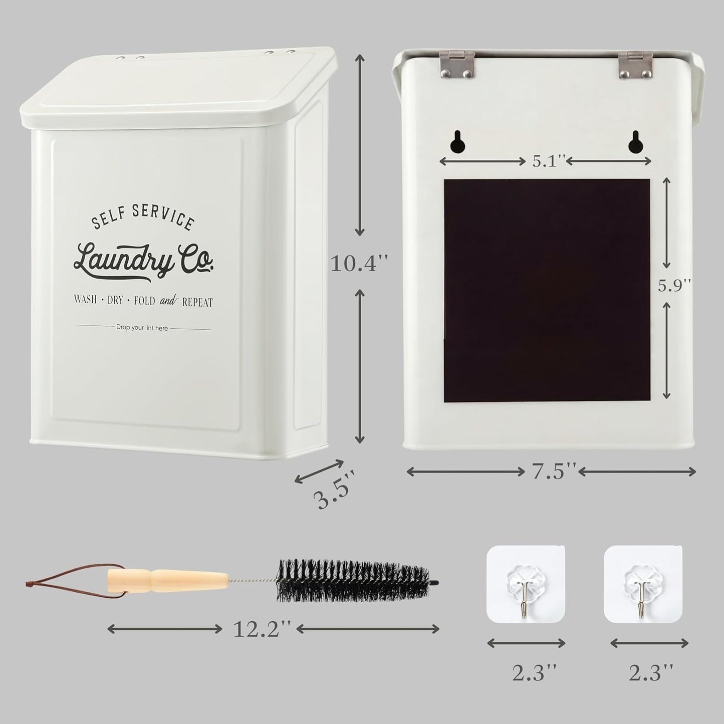 MONJITA Magnetic Lint Bin for Laundry Room, Metal Trash Can with Lid for Dryer, Farmhouse Lint Holder, Laundry Co Sign, Laundry Room Storage Decor with Dryer Lint Brush(White)