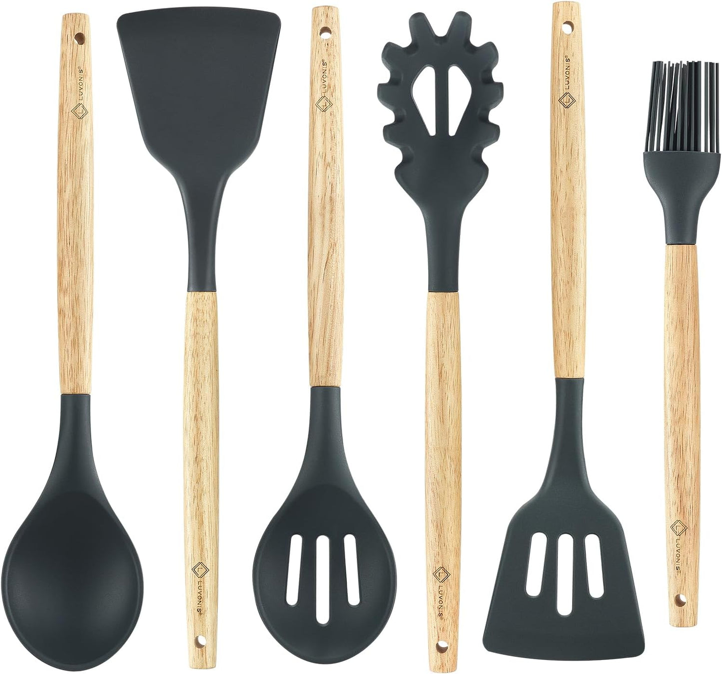 Kitchen Utensils Set 6 PCS, Non-Toxic Cooking Utensils with Heat-Resistant Silicone Spatula, Large Serving & Slotted Spoon, Flexible Spatulas, Brush and Spaghetti Rake - Ideal Starter Set
