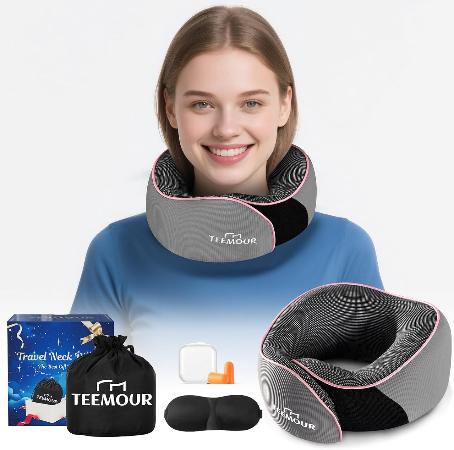 Teemour Travel Neck Pillow Airplane- Upgraded Memory Foam Neck Pillow for Airplanes 360° Support Desing, with Eye Mask & Earplugs, Portable Carry Bag for Long Flights, Business Trip|Travel Essentials