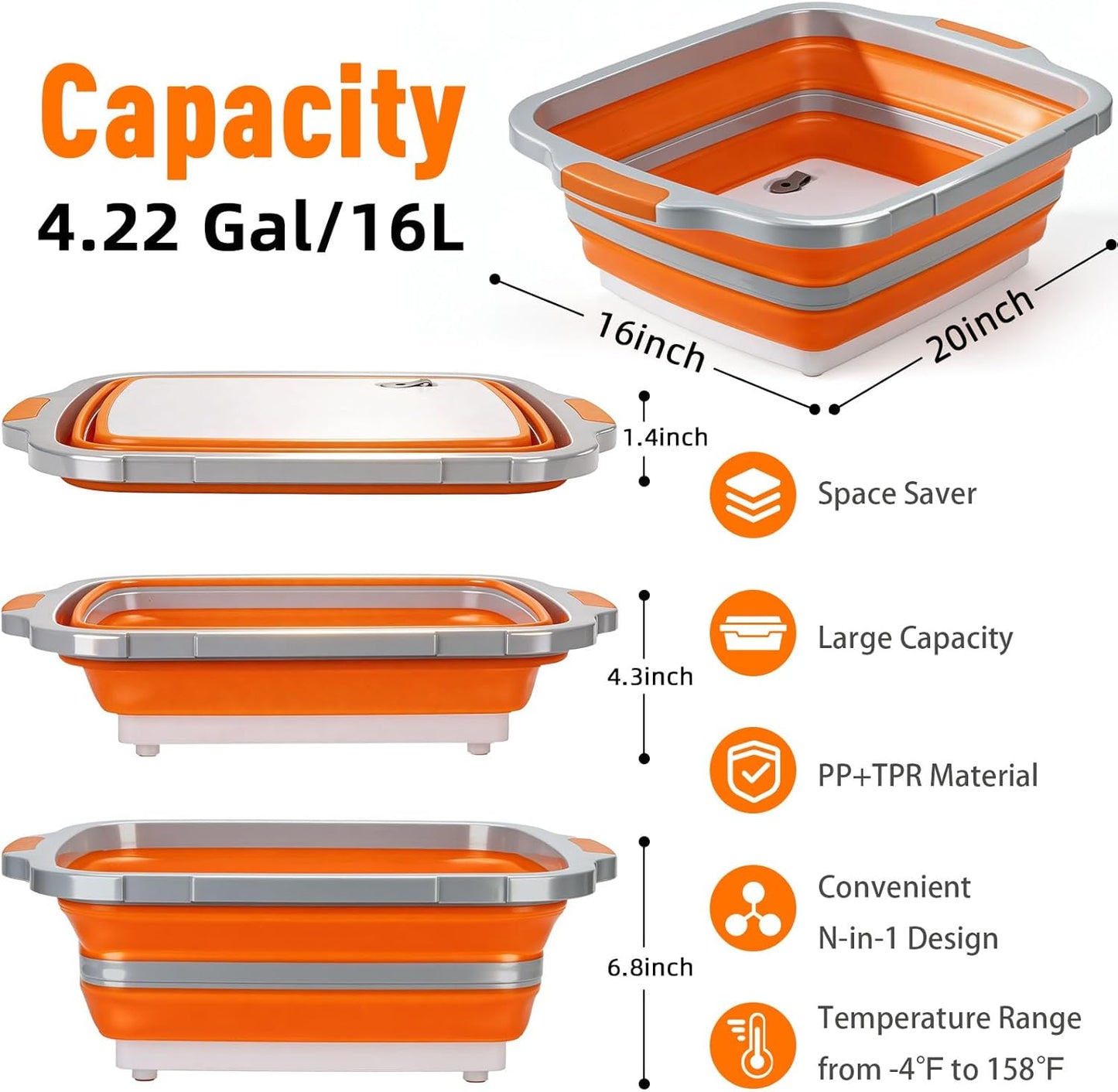 16L Collapsible BBQ Prep Tub with Locking Lid & Cutting Board - Marinade Container Grill Carry System for RV Picnic Tailgate - Portable Wash Basin for Kitchen Camping Sink - Gift for Men Women