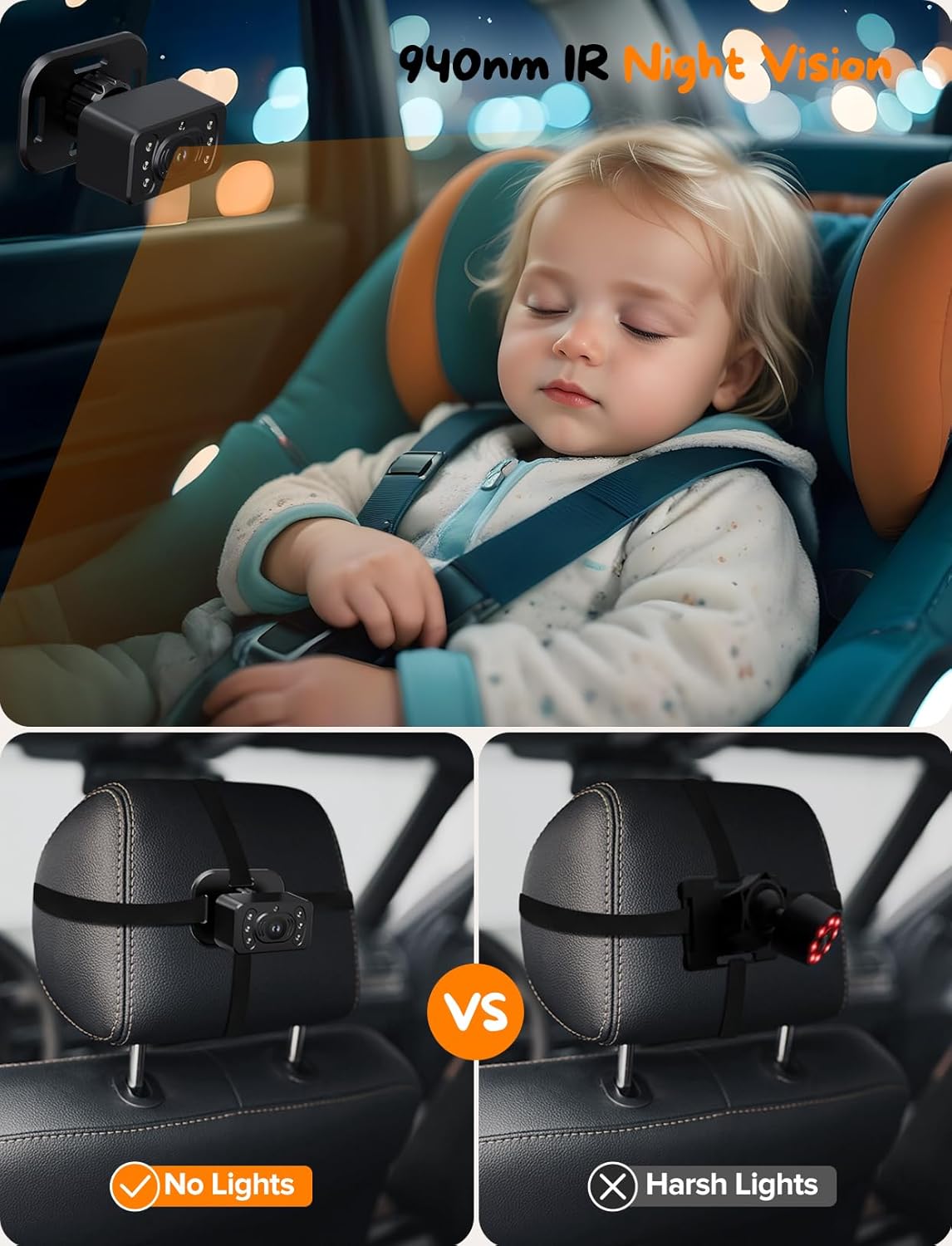 Kidsneed Baby Car Camera 7-Inch Baby Monitor for Car with USB Plug and Play Easy Setup 360 Degree Rotating Backseat Camera Two Kids HD 1080P Rear Facing Seat Cameras