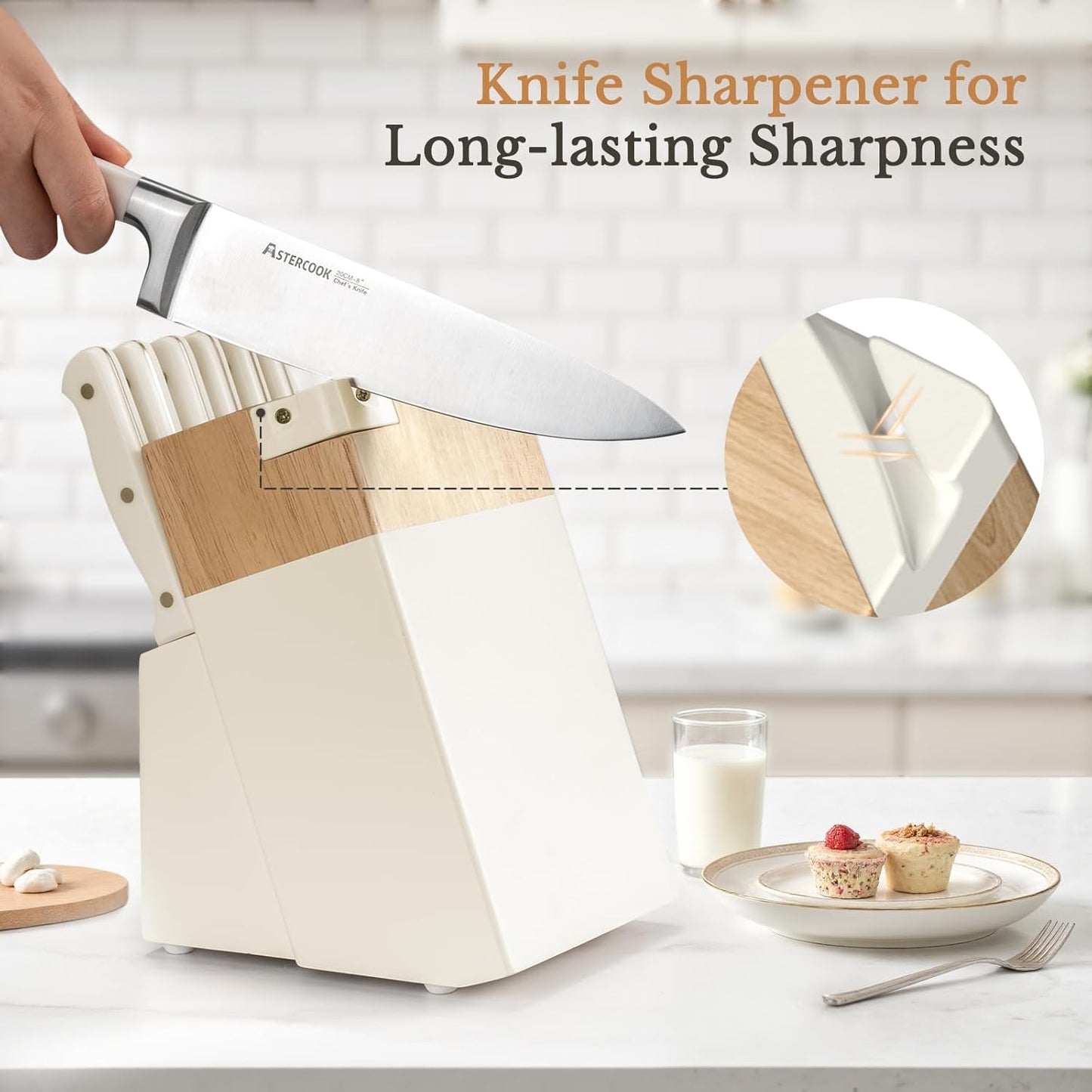 Knife Set,Astercook Kitchen Knife Set with Block 14-Piece Full Tang Stainless Steel Knives with Sharpener Dishwasher Safe and Anti-Slip Ergonomic Handle Utensils Set