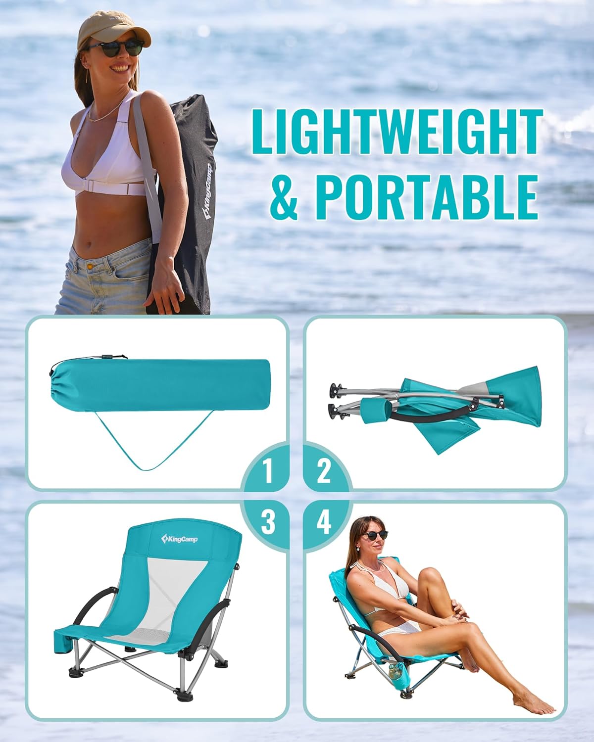 KingCamp Low Beach Chair, High Back Folding Camping Chair for Adults, Oversized Breathable Mesh Seat, 300lbs Heavy Duty Portable Chair with Cup Holder & Storage Pockets for Beach, Outdoor